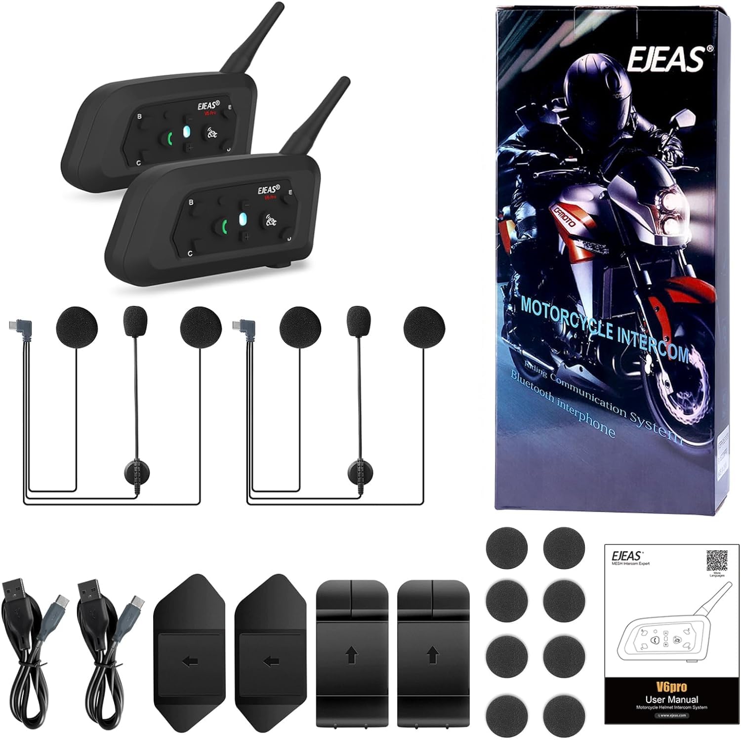 EJEAS V6 Pro Motorcycle Bluetooth Headset - Upgraded 2-Way Intercom Helmet Communication System with Auto-Answer Call & Noise Cancellation for Motorcycle Riding, Skiing, Climbing (2 Pack) | Perfect for Group Rides, Outdoor Adventures & Hands-Free Communication