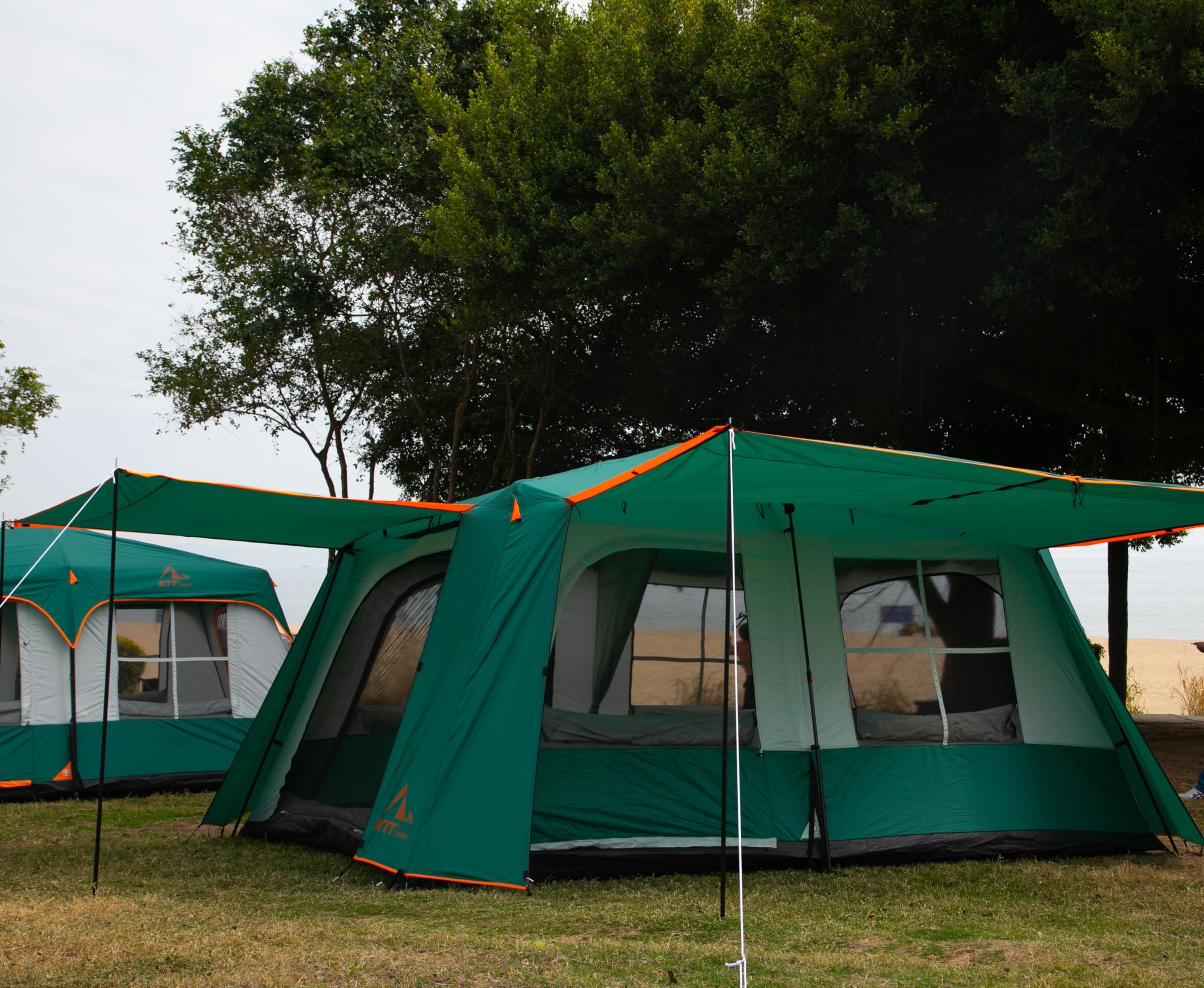 KTT Extra Large Family Cabin Tent for 10-14 People - 2 Rooms, 3 Doors & 3 Windows with Mesh, Straight Wall Design, Waterproof Double Layer - Perfect for Outdoor Camping, Picnics, Family Gatherings & Backyard Adventures