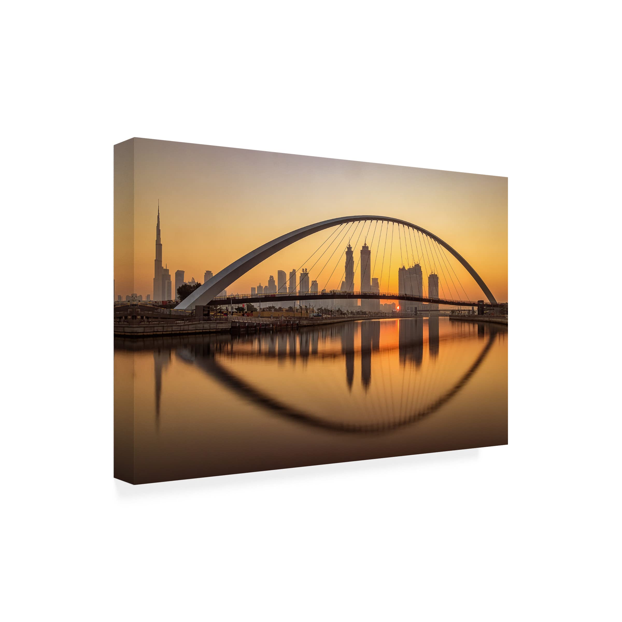 Trademark Fine Art 'Sunrise At The Dubai Water Canal' Canvas Wall Art Print by Mohammed Shamaa - Stunning Landscape Painting for Living Room, Bedroom & Office Decor