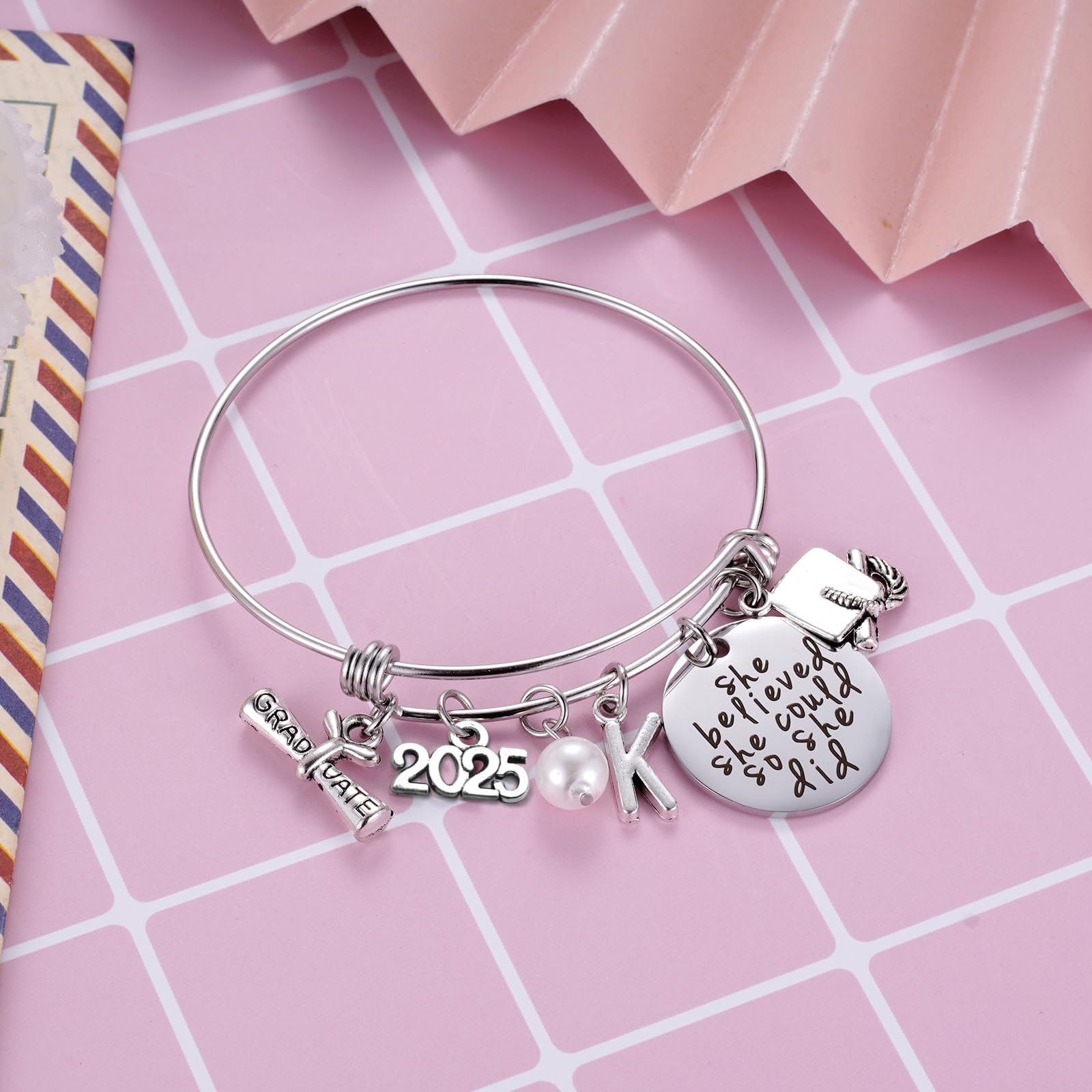 Ukodnus Class of 2025 Graduation Gift Bracelet - Personalized 26 Initial Charm Bracelet for High School & College Seniors - Inspirational Graduation Jewelry for Women - Perfect Gift for Graduation Ceremony, Senior Week & Alumni Reunions