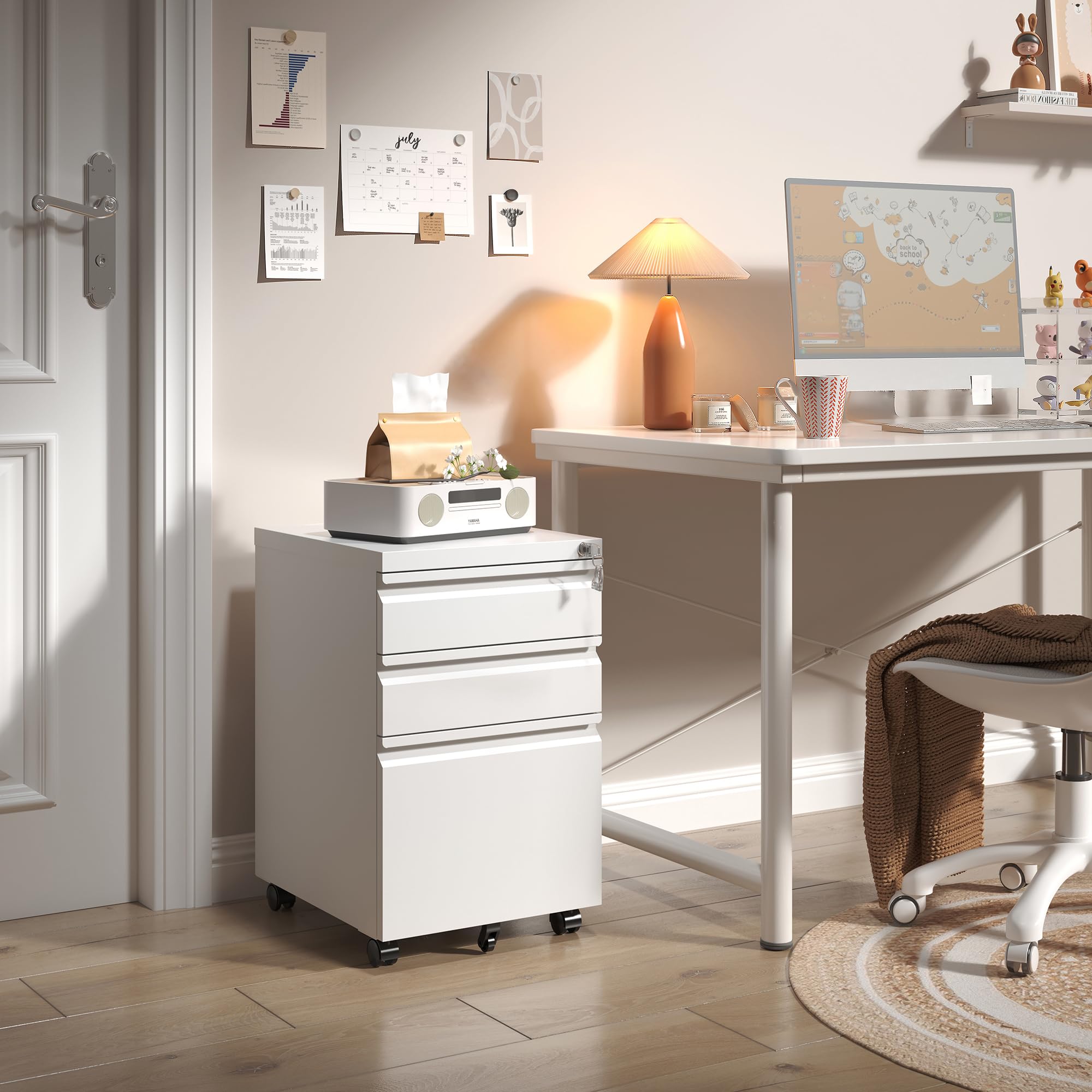 3-Drawer Mobile File Cabinet with Wheels - White Metal Under Desk Vertical Filing Cabinet with Lock, Fully Assembled for Home & Office - Fits Letter, Legal & A4 Size Folders - Perfect for Small Spaces & Organized Workspaces