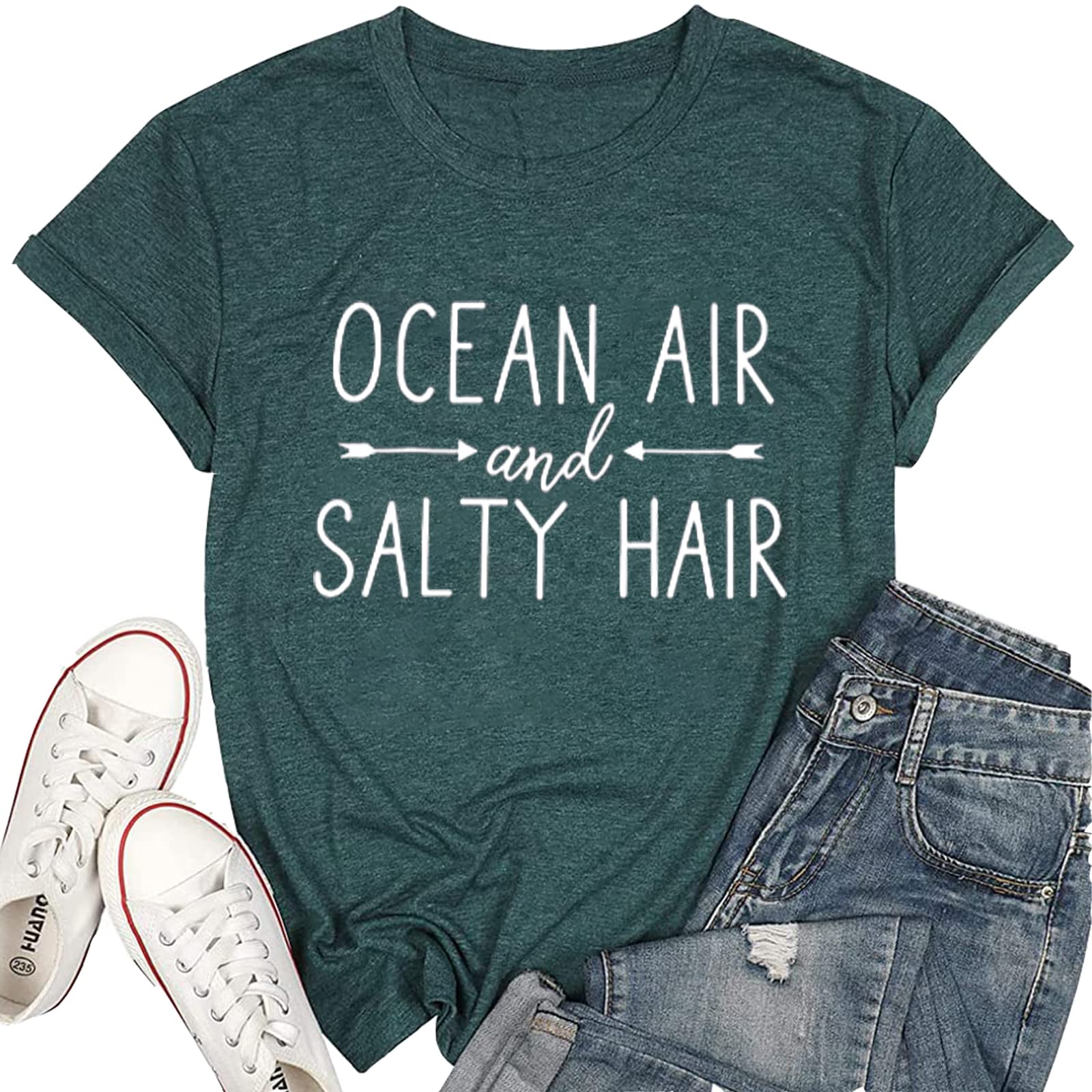 Ocean Air and Salty Hair Women's Graphic T-Shirt - Casual Short Sleeve Funny Tee for Beach, Vacation & Summer Outfits | Athletic Comfort Shirt