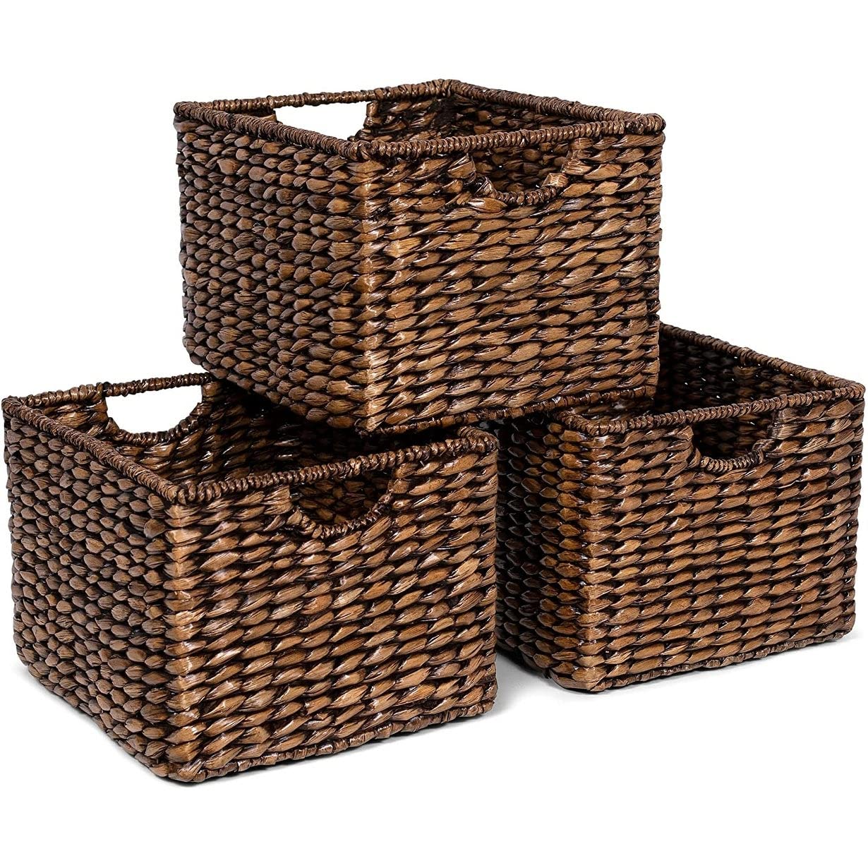 3-Pack Seagrass Wicker Storage Baskets with Handles - Handwoven Brown Wash Organizing Bins for Home, Office, Nursery & Closet Organization