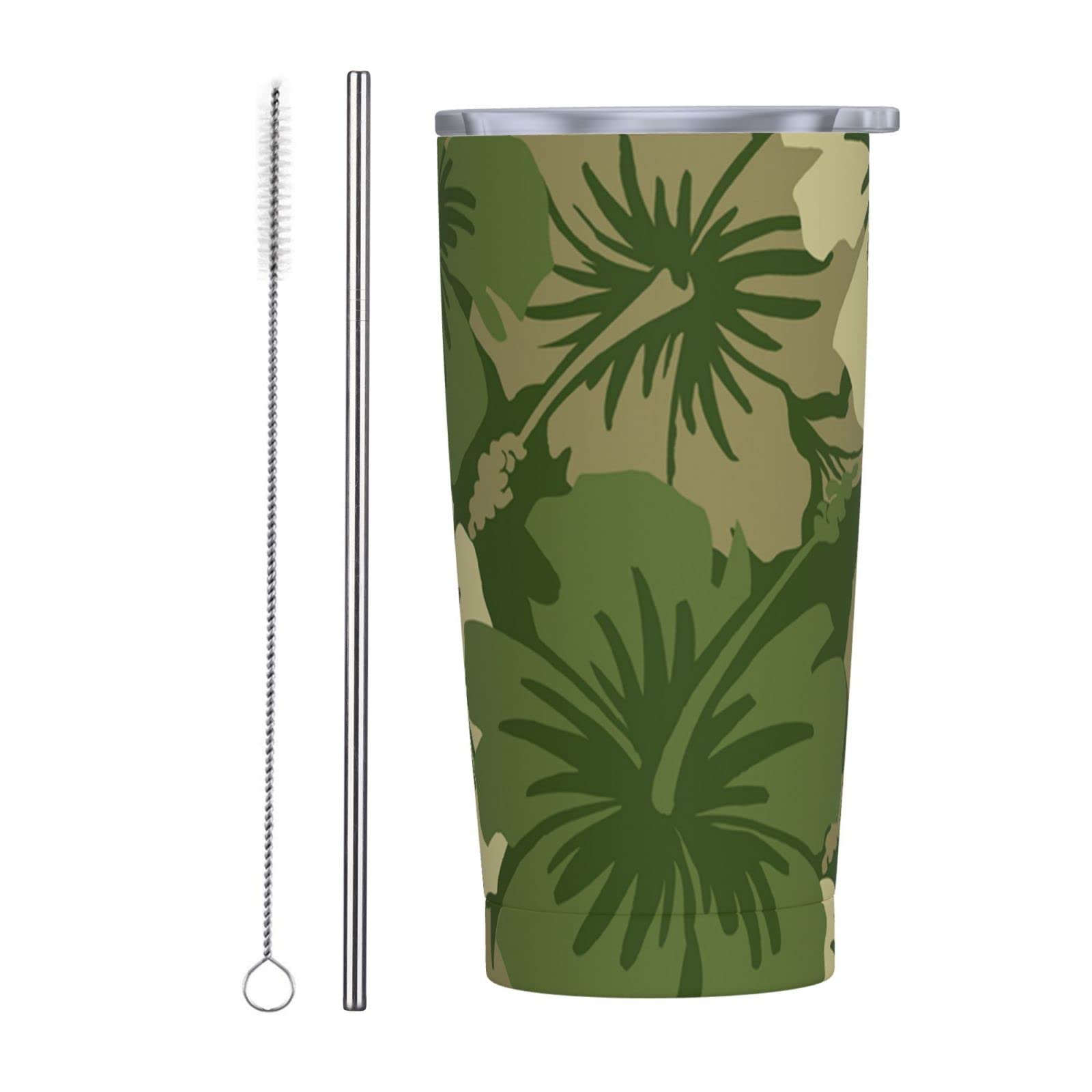 SWEET TANG 20oz Vacuum Insulated Stainless Steel Travel Mug with Lid & Straw - Cute Hawaiian Floral Olive Green Coffee Tumbler, Leak Proof Water Bottle for Coffee, Tea & Cold Drinks | Perfect for Office, Commuting, Travel & Outdoor Activities
