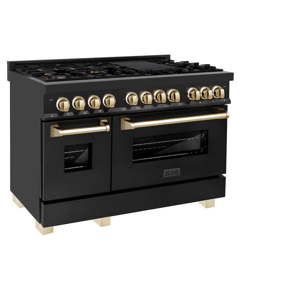 ZLINE Autograph Edition 48-Inch Dual Fuel Range - 6.0 cu. ft. Capacity, 7-Burner Gas Cooktop & 2 Electric Ovens - Black Stainless Steel with Polished Gold Accents (RABZ 48 G) - Perfect for Professional Home Chefs & Gourmet Cooking Enthusiasts