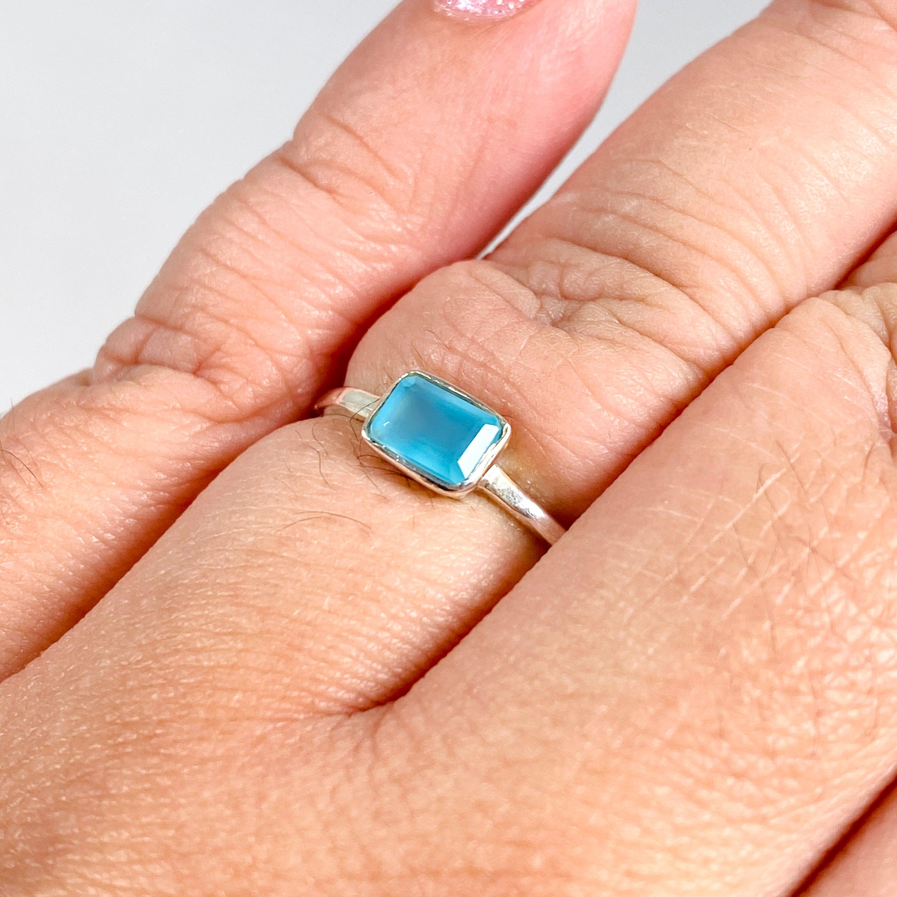 Blue Chalcedony Rectangular Faceted Fine Band Ring R3793 BC - Elegant Gemstone Jewelry for Women, Perfect for Weddings, Parties & Everyday Wear