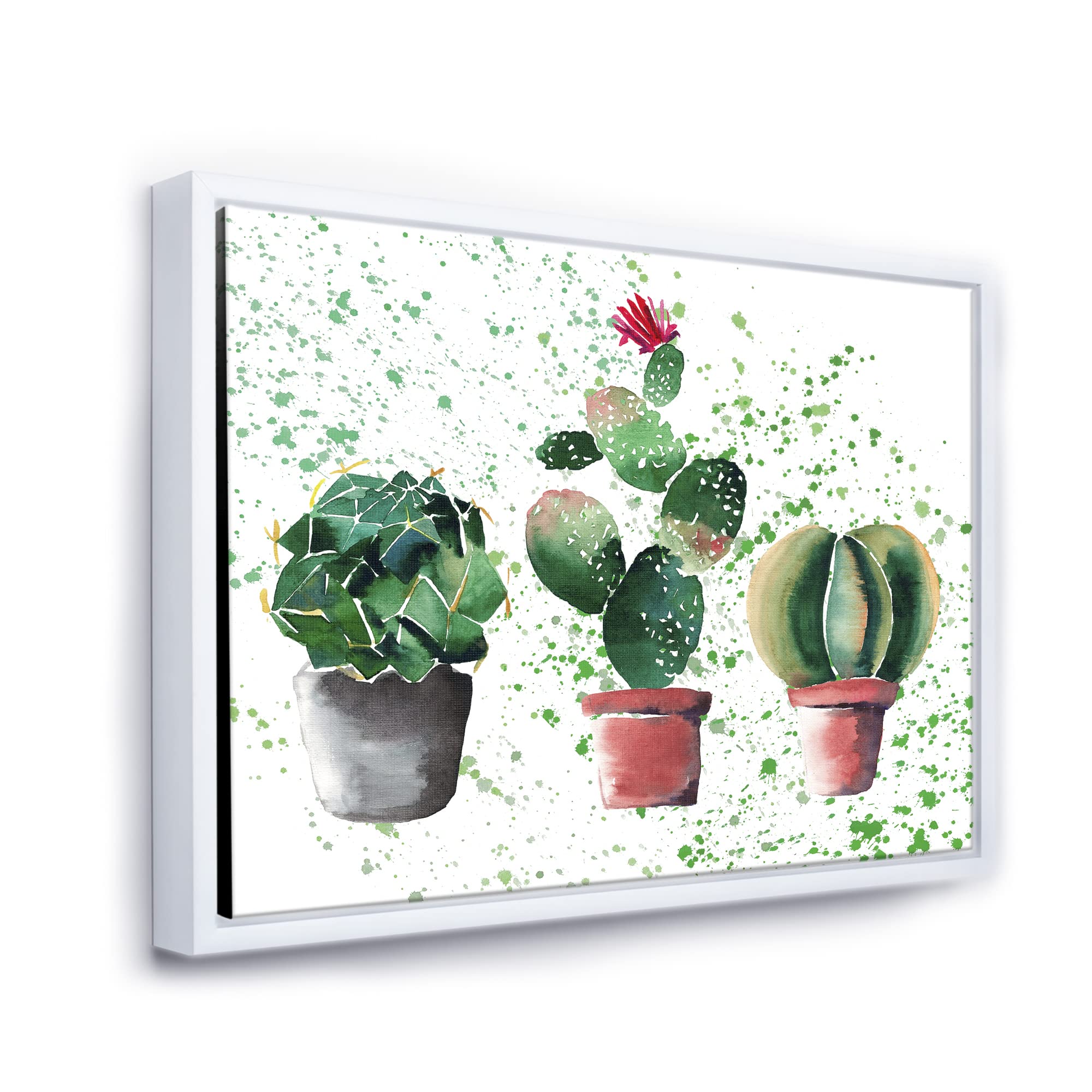 Three Cacti In Clay Pots - Traditional Framed Canvas Wall Art Print for Home & Office Decor | Desert Theme Living Room & Bedroom Wall Decor