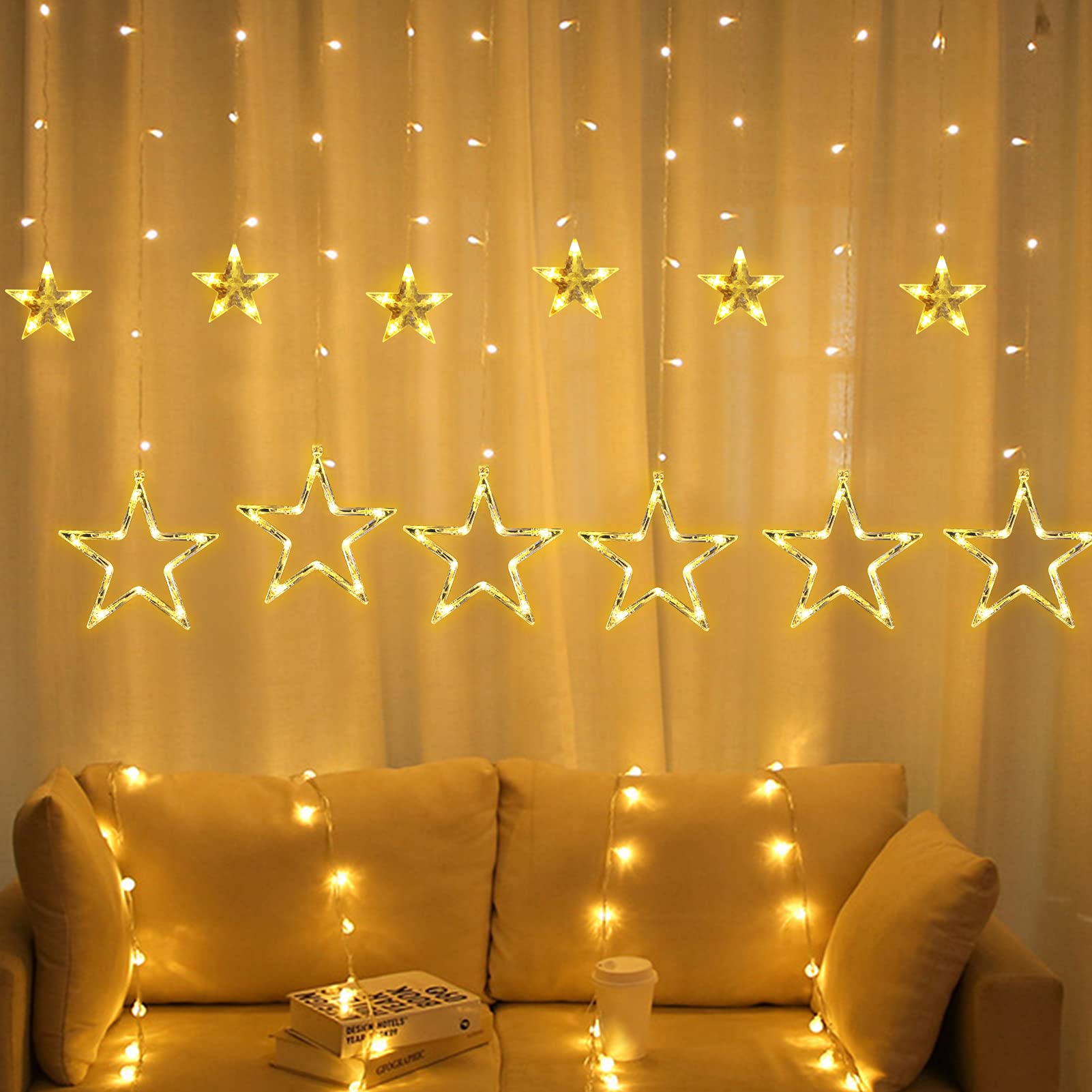138 LED Stars Curtain String Lights with 8 Flashing Modes - Warm White Twinkle Window Lights for Christmas, Wedding, Party & Home Decor | Perfect for Bedroom, Living Room, and Outdoor Spaces
