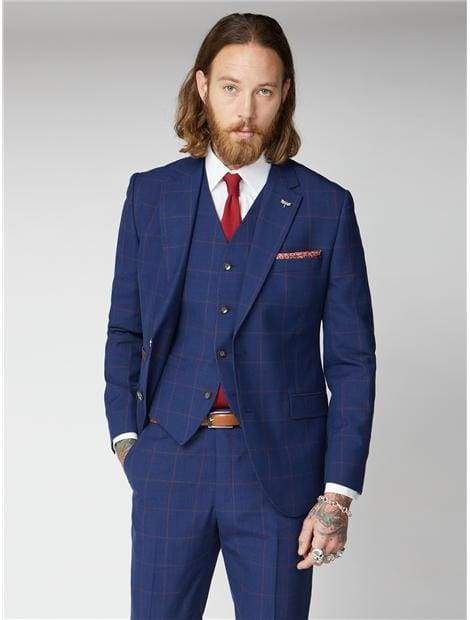 Gibson London Regent Navy & Burgundy Check 3-Piece Suit for Men | Premium Wool Business Suit | Perfect for Weddings, Office & Formal Events