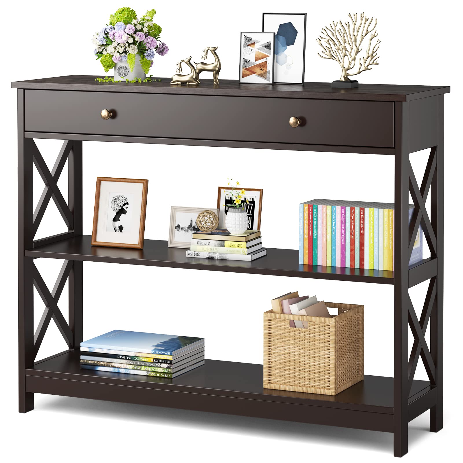 Modern Narrow Console Table with Drawer & 3-Tier Storage Shelves - Sofa Table for Living Room, Entryway Hallway Furniture - Easy Assembly Espresso Finish - Perfect for Small Spaces, Apartment Decor & Home Organization