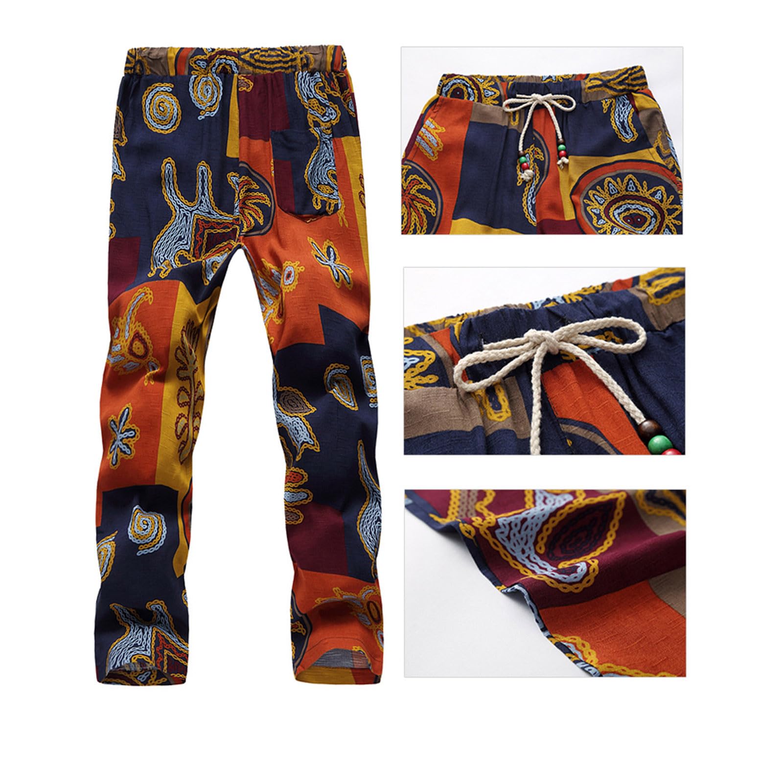 Sdeycui Men's Floral Print Cotton Casual Pants - Elastic Waist Drawstring, Straight Leg Lounge Pants with Pockets for Home, Travel & Outdoor Activities