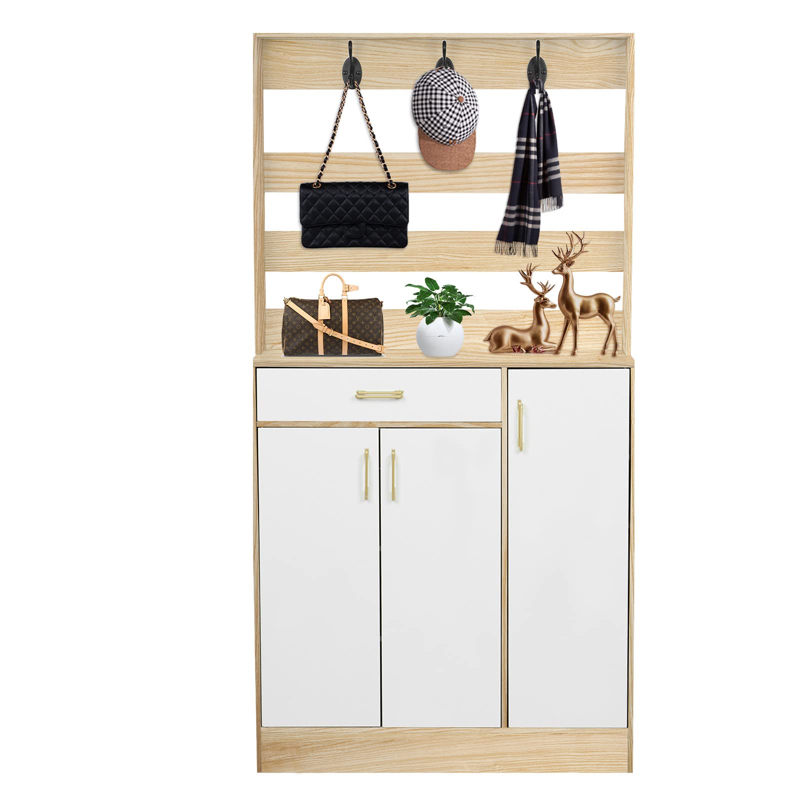 LEKODE Shoe Storage Cabinet with Coat Rack - 3-Tier Entryway Organizer for Shoes, Hats & Accessories | Space-Saving Hallway Furniture for Small Apartments & Homes