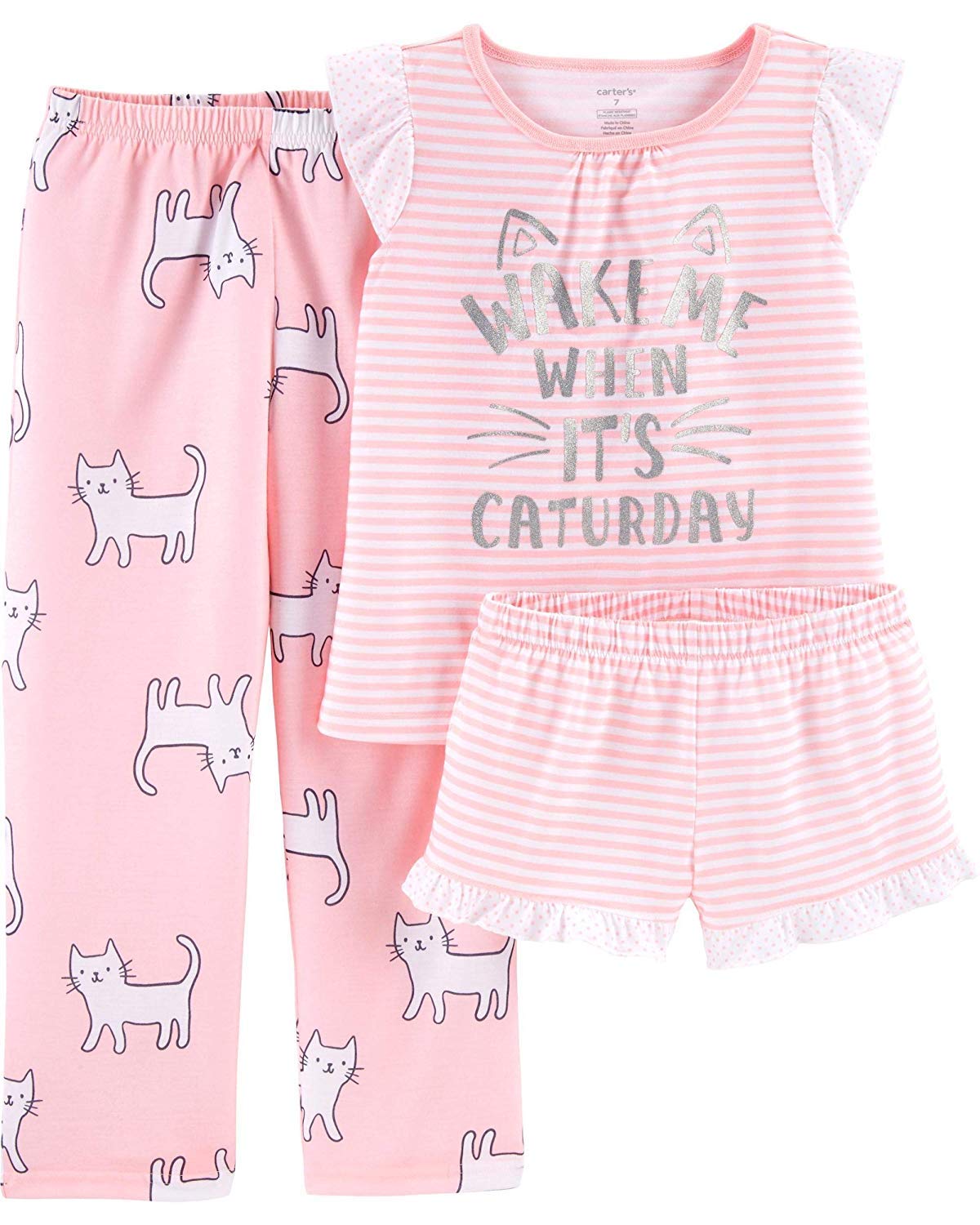 Carter's Girls' 3-Piece Play Pajama Set - Top, Shorts & Pants for Baby Toddler Kids | Soft Cotton Sleepwear for Playtime & Bedtime