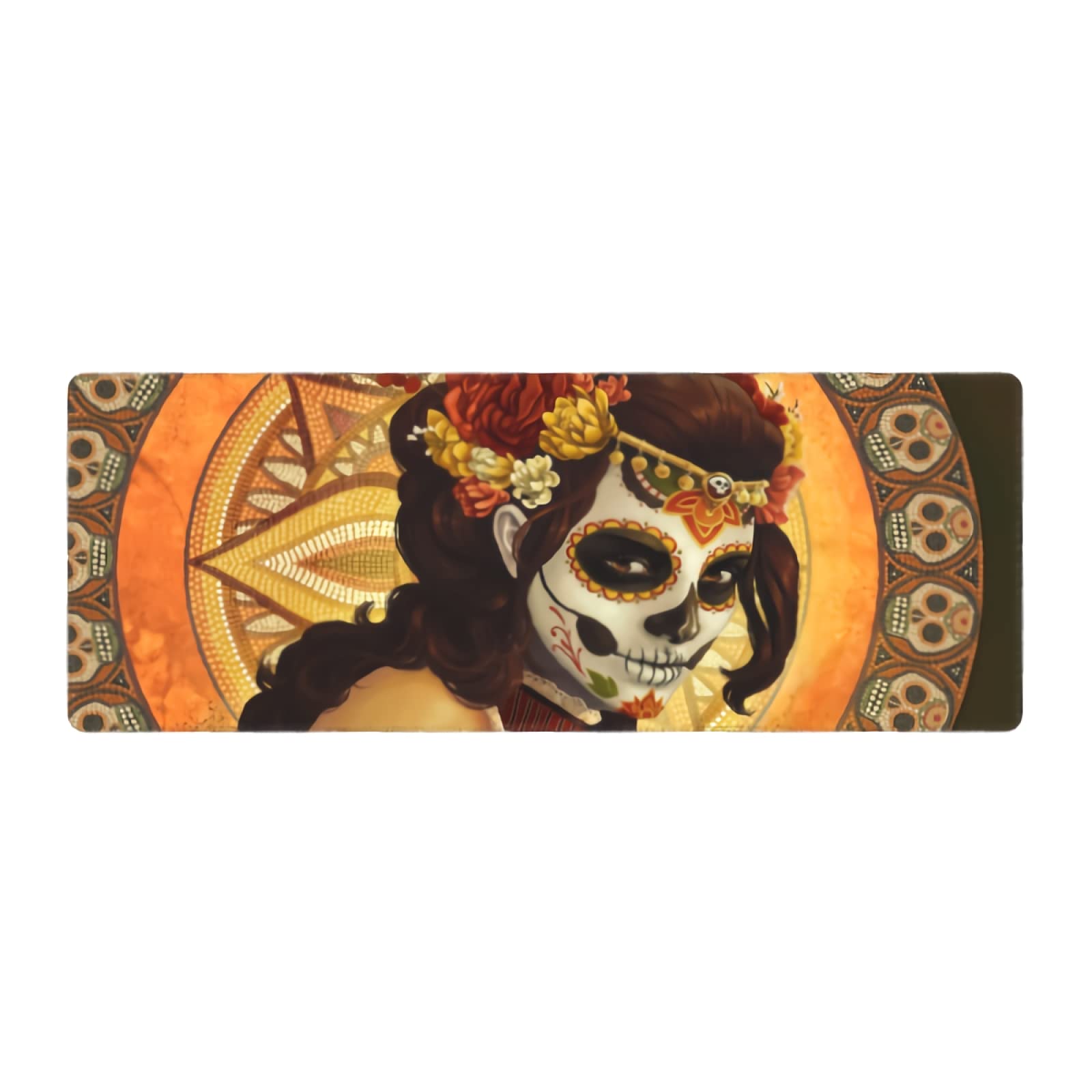 Mexican Sugar Skull Gaming Mouse Pad - Dia De Los Muertos Art with Floral Design, Extra Large Non-Slip Rubber Base (31.5x11.8 in) for Extended Keyboard & Laptop Use - Perfect for Gaming, Office & Home Decor