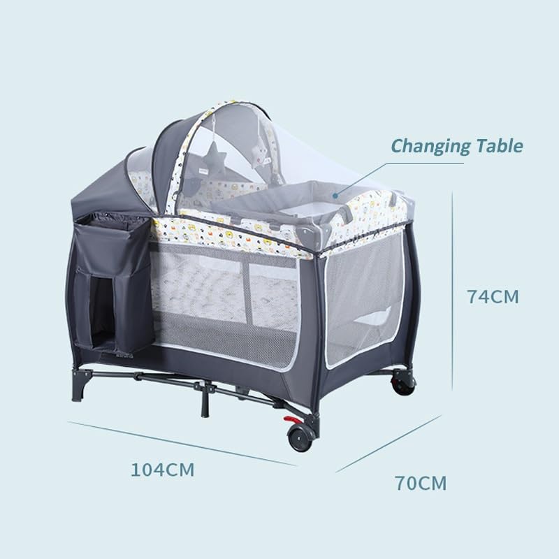 Portable Baby Playpen for Toddlers 1-3 Years - Foldable Travel Crib with Changing Station, Storage Basket & Detachable Canopy with Soft Toys - Safe Play Yard for Infants & Kids - Perfect for Home, Travel & Daycare Use