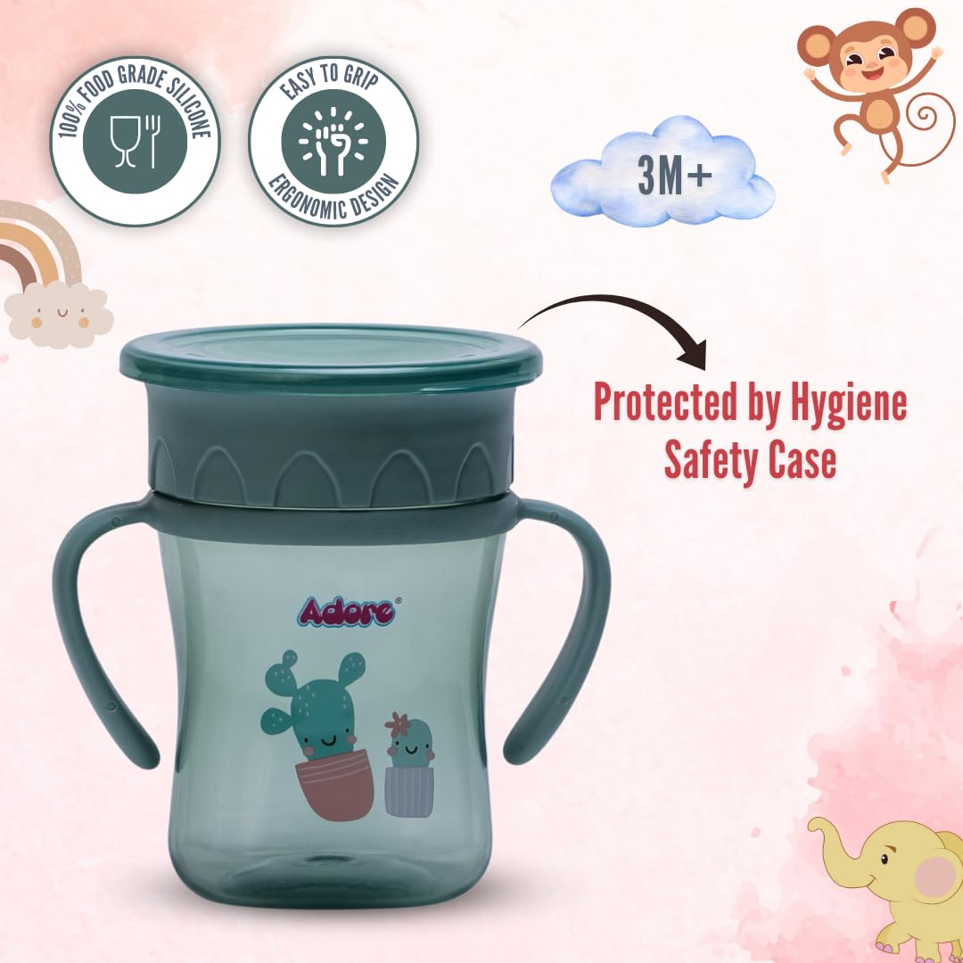 Adore Magic 360 Spoutless Sipper Cup with Handle | Leak-Proof Baby Water Bottle for 6-12 Months | Anti-Spill Straw Cup for Toddlers & Kids | BPA-Free Training Cup for Boys & Girls (250ml, Green) | Perfect for Daycare, Travel & Learning to Drink Independently
