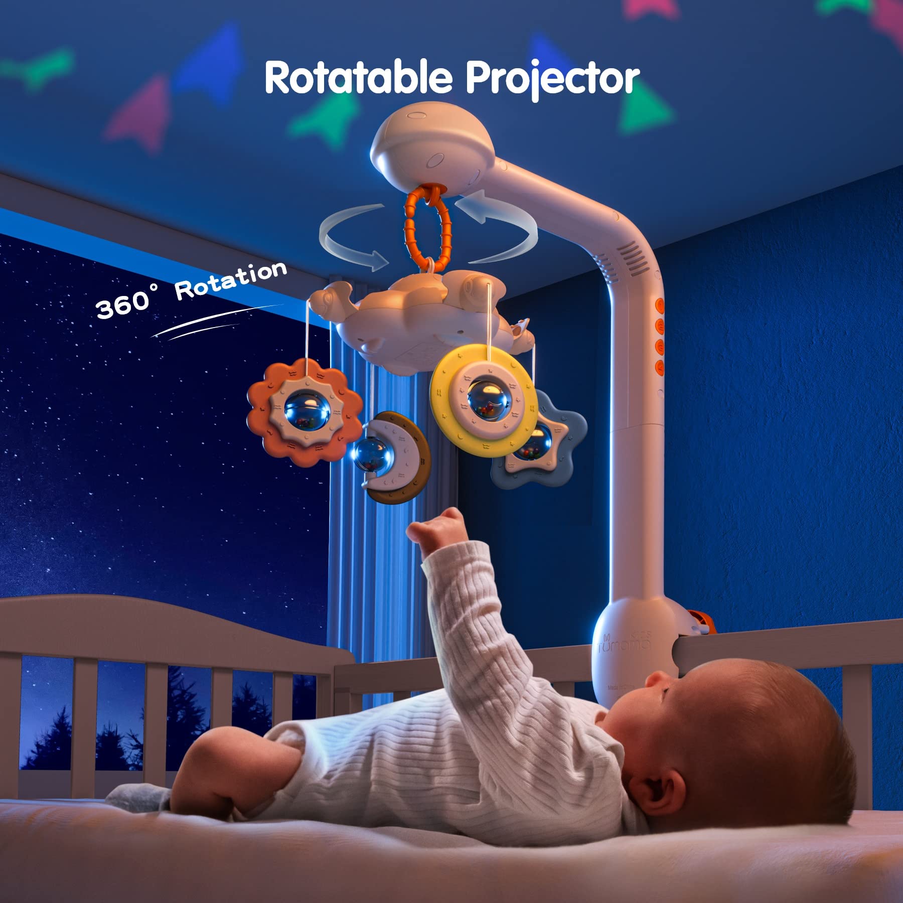 TUMAMA Baby Crib Mobile with Projection Night Light, Music & White Noise - Soft Plush Mirror Hanging Toys for Newborns 0-9 Months | Nursery Decor & Soothing Sleep Aid | Perfect Baby Shower & Christmas Gift (Moon & Star Design)
