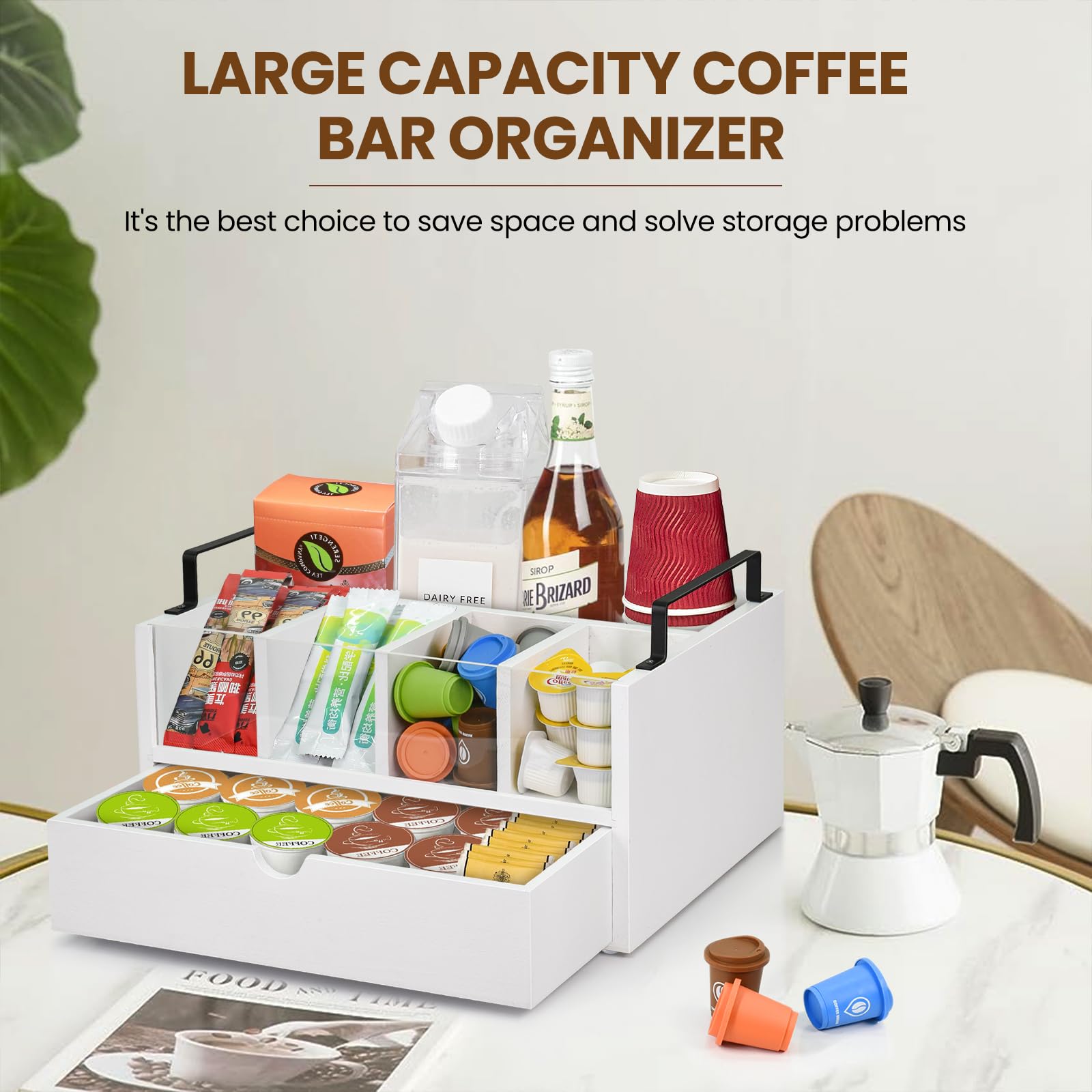 Rustic Wood Coffee Bar Organizer with Drawer - K Cup & Coffee Pods Holder with Handle - Countertop Coffee Station Accessories for Condiments & Decor - Perfect for Home, Office, or Cafe Use