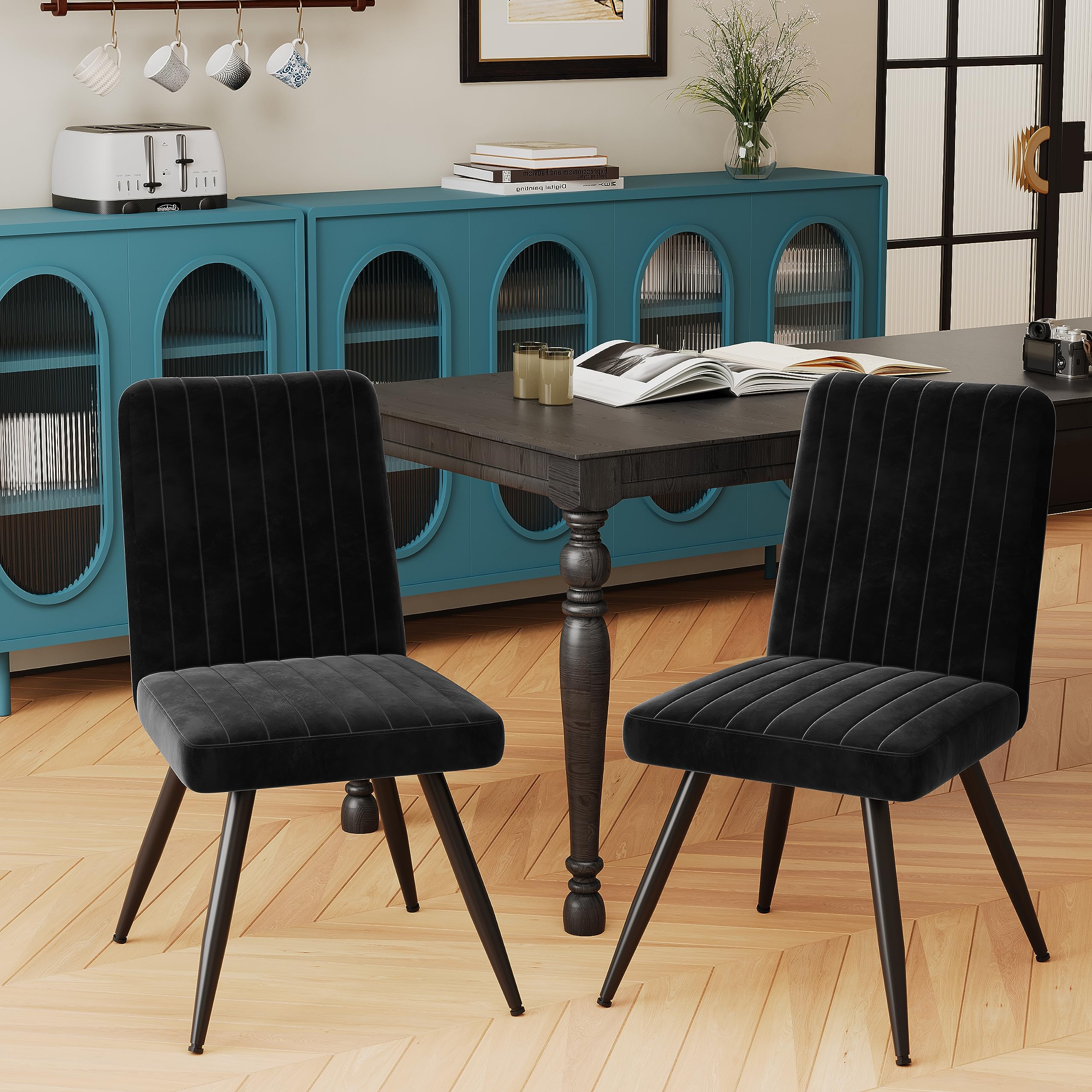 Modern Velvet Dining Chairs Set of 2 - Upholstered Mid Century Kitchen Accent Chairs with Metal Legs, Armless Leisure Chairs for Living Room, Office Desk or Dining Area - Black | Perfect for Small Spaces, Apartments and Contemporary Home Decor