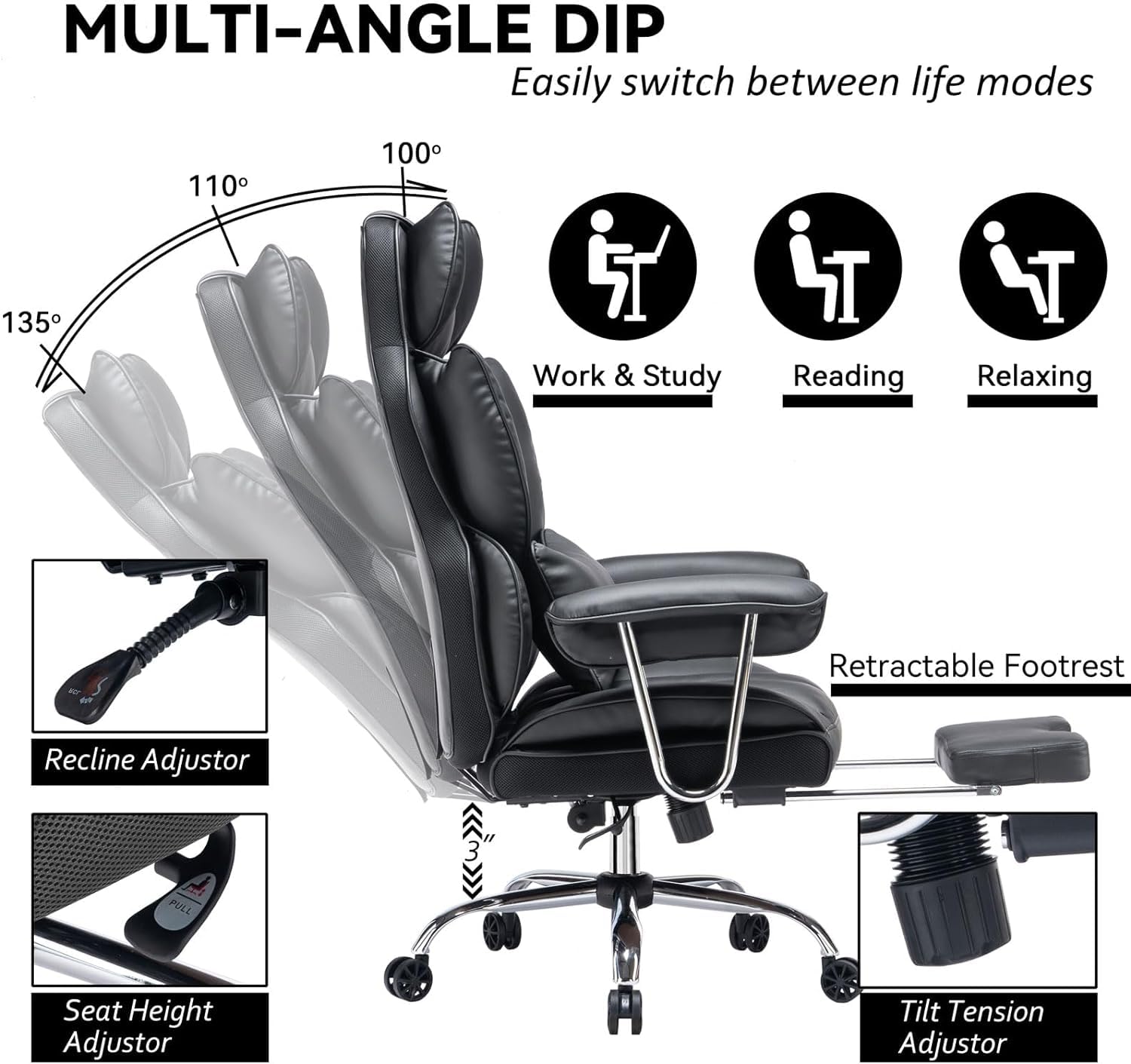 Efomao 400LBS Heavy Duty Office Chair - Big and Tall Executive PU Leather Computer Desk Chair with Adjustable Lumbar Support & Footrest - Ergonomic Black Office Chair for Home, Gaming, and Workspaces