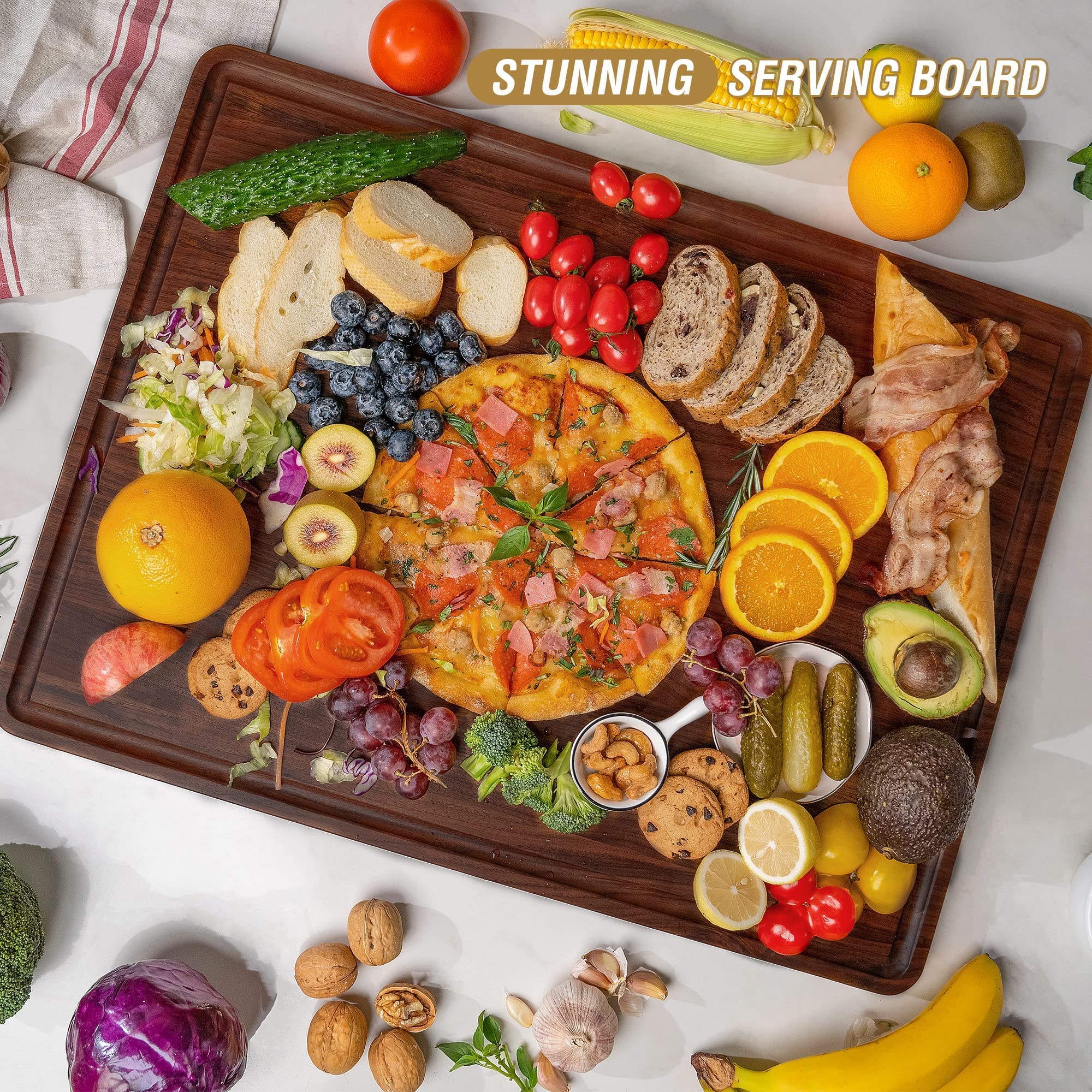 Premium XXL Walnut Wood Cutting Board 24x18 Inch - Thick Reversible Butcher Block with Juice Groove & Non-Slip Handles - Heavy Duty Chopping Board for Kitchen, Meat, Vegetables - Includes Gift Box & Non-Slip Mats - Perfect for Home Chefs & Holiday Gifting
