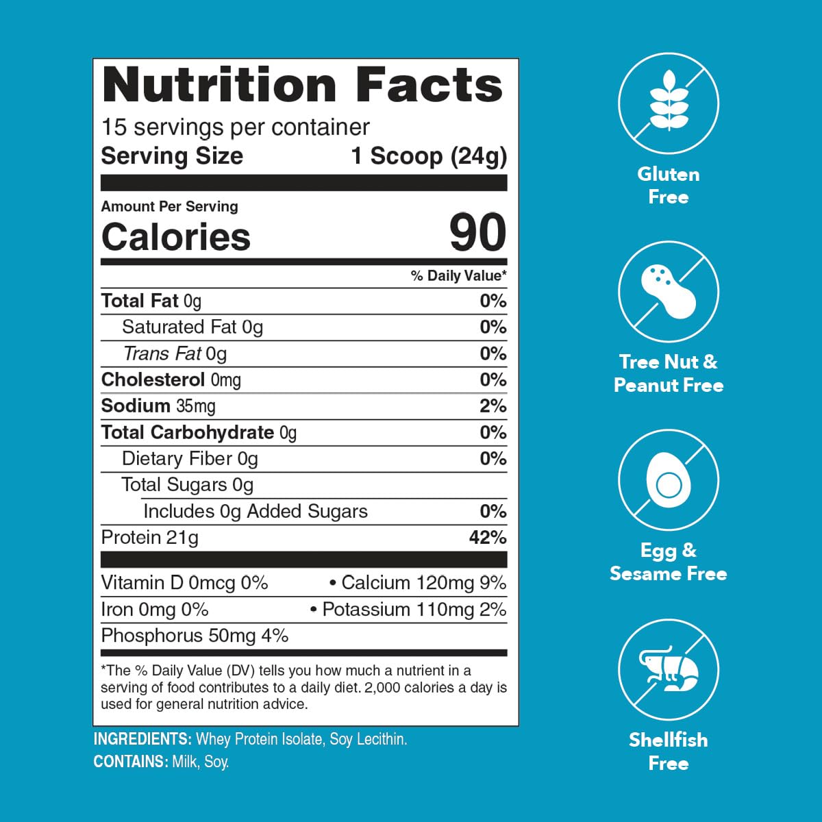 Unflavored 100% Whey Protein Isolate Powder | 21g Protein per Serving | Low Carb, Sugar Free & Gluten Free | Kosher Certified | 15 Servings | Ideal for Post-Workout Recovery & Meal Replacement