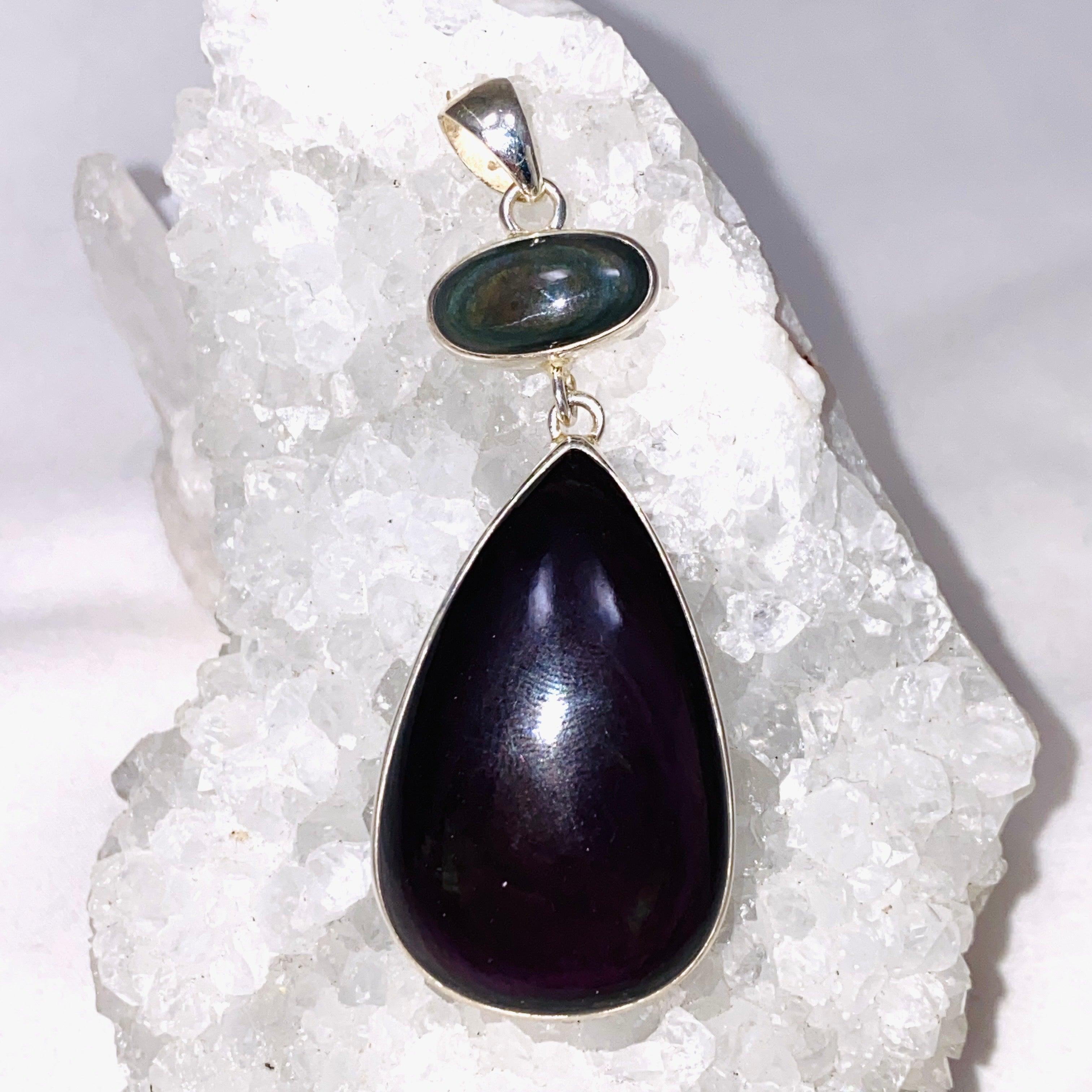 Rainbow Obsidian Double Stone Teardrop Pendant Necklace - Natural Gemstone Jewelry for Women - Perfect for Spiritual Healing, Meditation & Everyday Wear