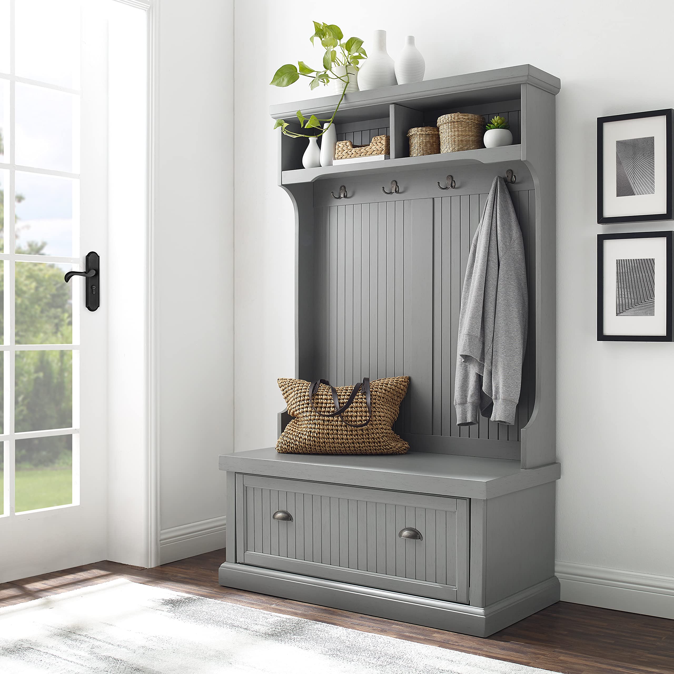 Crosley Furniture Seaside Hall Tree with Shoe Rack Bench & Coat Hooks - Entryway Storage Organizer in Distressed Gray - Perfect for Mudrooms, Foyers & Small Spaces