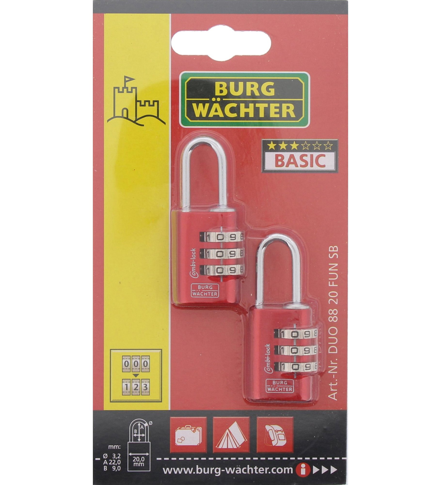 Burg-Wächter Duo 88 Combination Lock Set – 20mm Shackle, High Security Padlock for Lockers, Storage Units & Outdoor Use