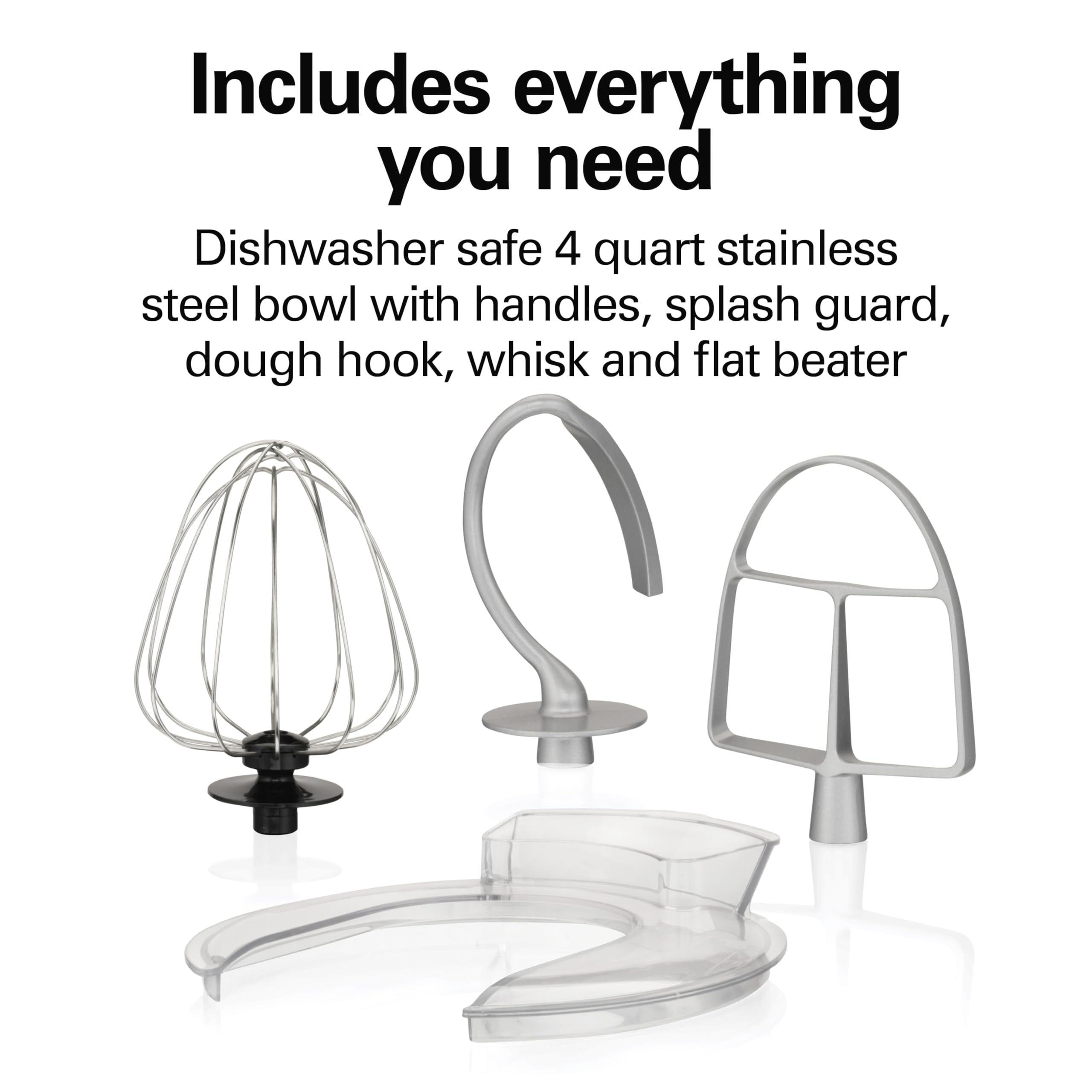 Hamilton Beach 4-Quart Electric Stand Mixer with Dough Hook, Flat Beater & Whisk - 7 Speed Settings & Splash Guard - Perfect for Baking Bread, Cakes & Cookies (Silver)