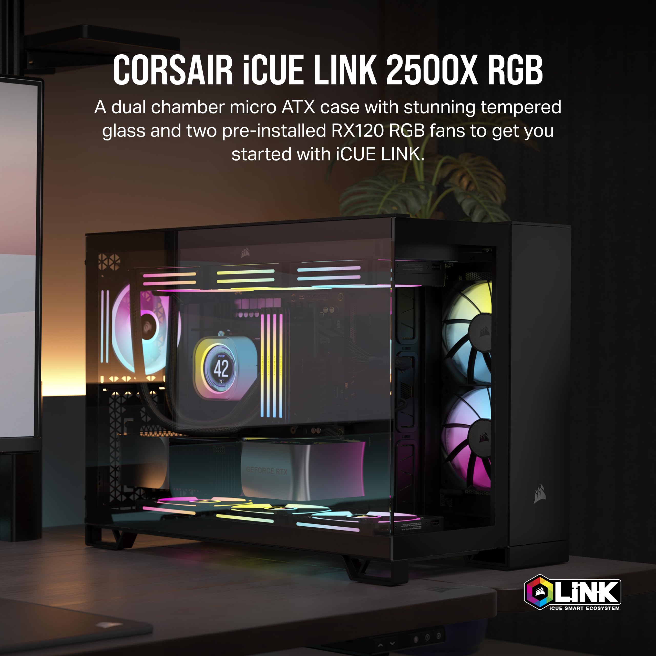CORSAIR iCUE LINK 2500X RGB Small-Tower mATX Dual Chamber PC Case - Panoramic Tempered Glass - Reverse Connection Motherboard Compatible - 2x CORSAIR RX120 RGB Fans Included - Black | Gaming PC Build, Streaming Setup, Home Office Workstation