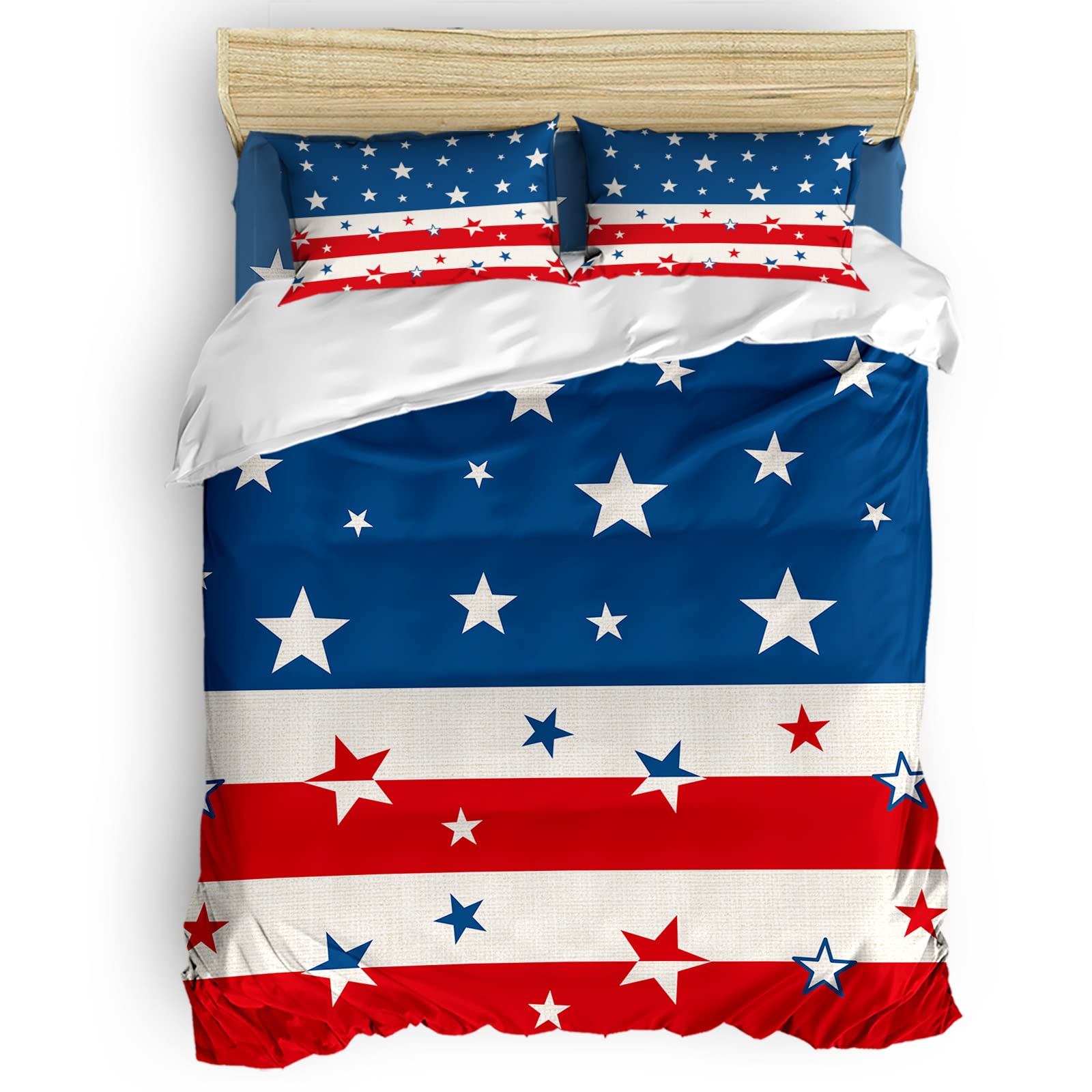 American Patriotic Stars Flag Duvet Cover Set Twin Size - 4 Piece Bedding Set with Red, White & Blue Stripes, Comforter Cover, Fitted Sheet & Pillowcases | Perfect for Independence Day, Memorial Day & Patriotic Home Decor