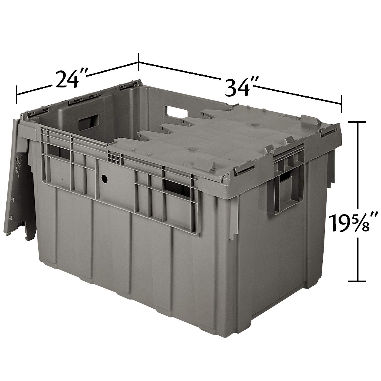 Buckhorn AS3424201201000 50 Gallon Heavy Duty Plastic Storage Tote with Hinged Lid - 34x24x20 Inches, Gray - Industrial Container for Warehouse, Garage & Commercial Storage