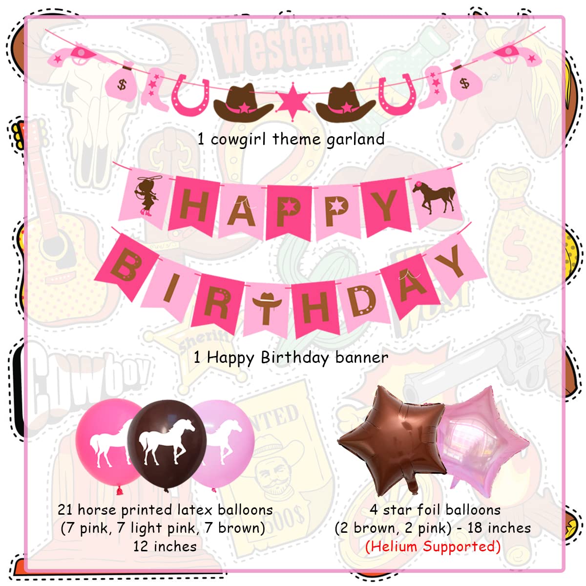 Western Cowgirl Party Decorations Set - Horse Birthday Supplies with Garland, Pink Balloons & Happy Birthday Banner for Western Theme Parties, Baby Showers & Cowgirl-Themed Events