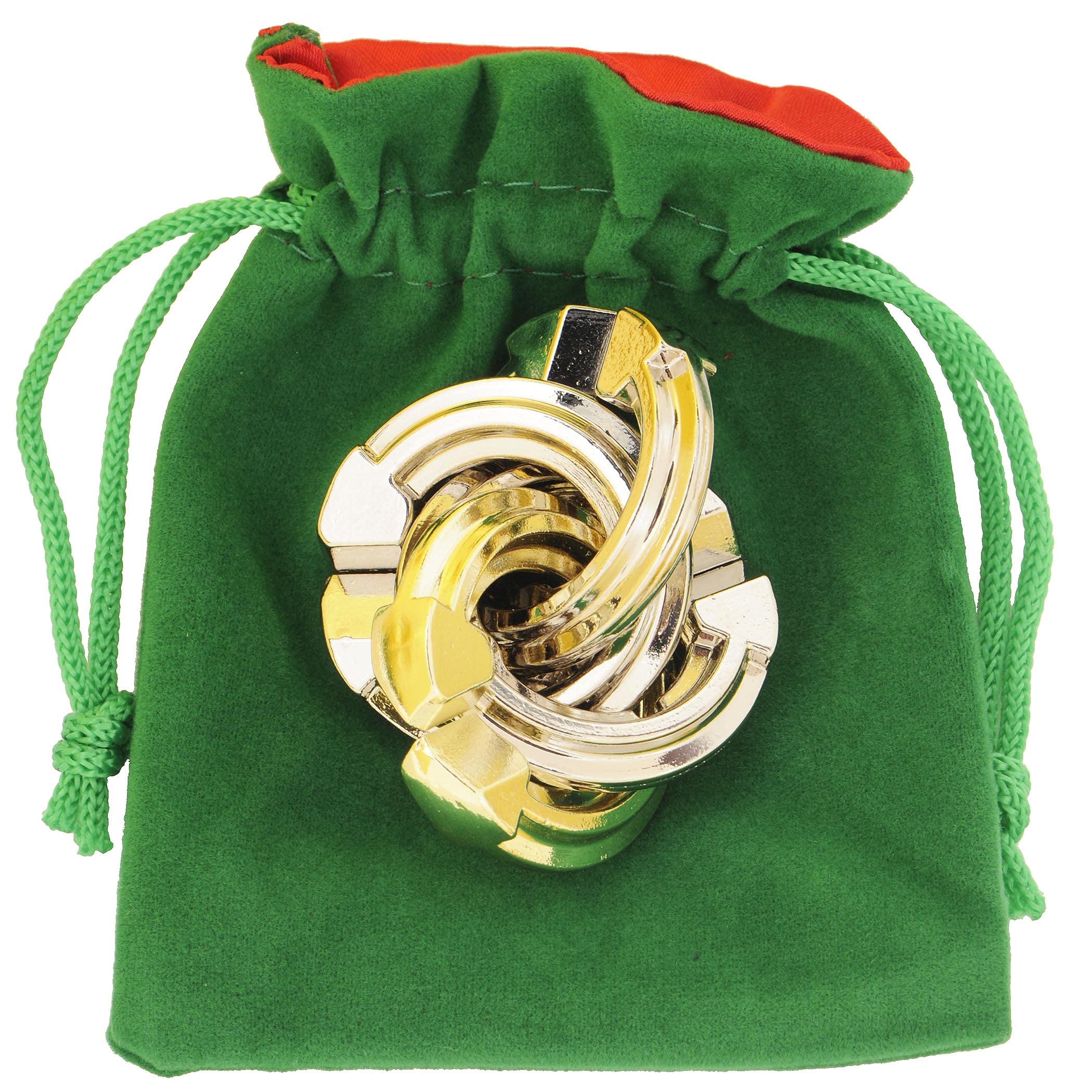 Hanayama Cyclone Puzzle - Challenging Metal Brain Teaser Game with Green Velveteen & Red Satin Drawstring Pouches (2021 Edition) | Perfect for Office Stress Relief, Travel Entertainment, and STEM Learning Activities