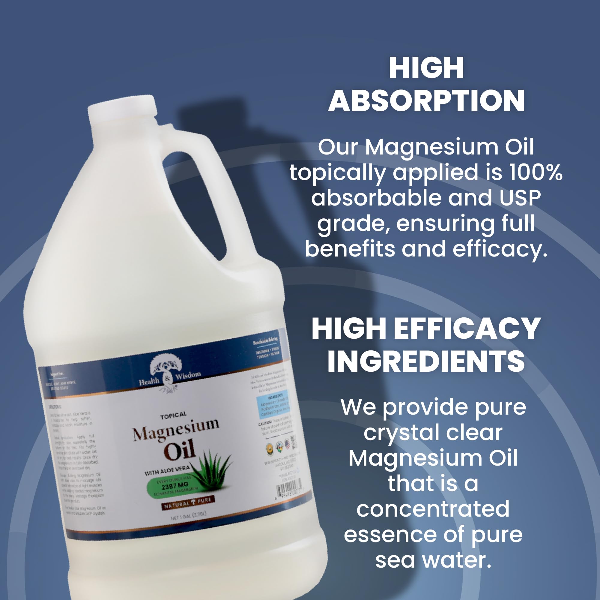 Health and Wisdom Pure Magnesium Oil with Aloe Vera - 128 Fl Oz Transdermal Magnesium Chloride Oil for Foot Care, Bath & Massage | Relieves Muscle Pain, Promotes Relaxation & Better Sleep