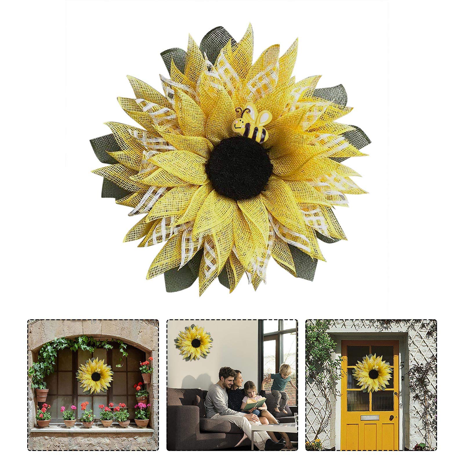 Artificial Sunflower Wreath Garland - Realistic Simulation Leaf Bee Decor for Wedding Archway, Door Hanging, Party & Home Decoration
