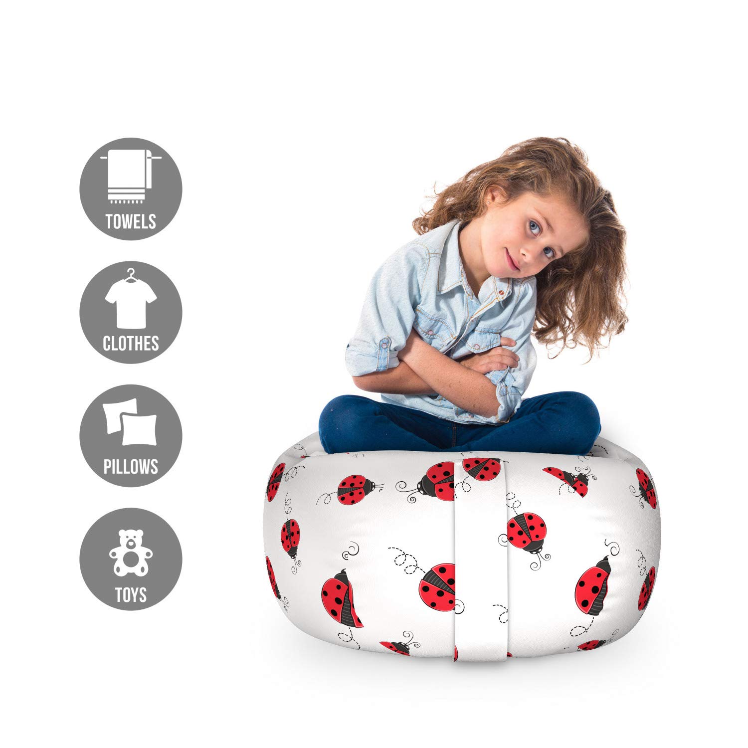 Ambesonne Ladybug Pattern Toy Storage Bag Chair - Washable Stuffed Animal Organizer with Dotted Wings Design, Small Size in White & Black - Perfect for Kids' Room, Playroom, and Nursery Organization