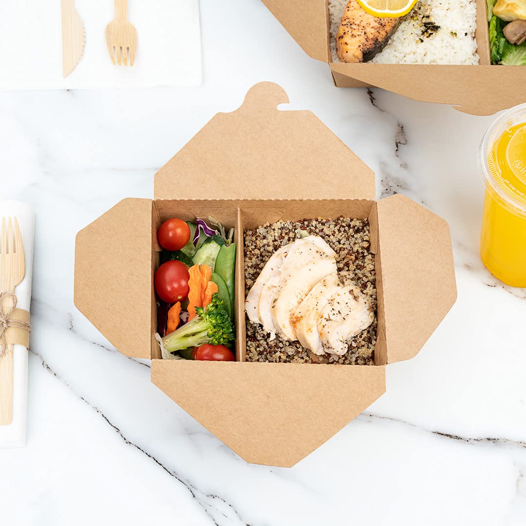 Eco-Friendly 47oz Kraft Paper Takeout Containers - 200 Pack 2-Compartment Greaseproof Food Boxes with Secure Tab-Lock | Ideal for Restaurants, Catering & Meal Prep | Safe for Hot/Cold Foods, Perfect for Takeout, Delivery & Leftovers