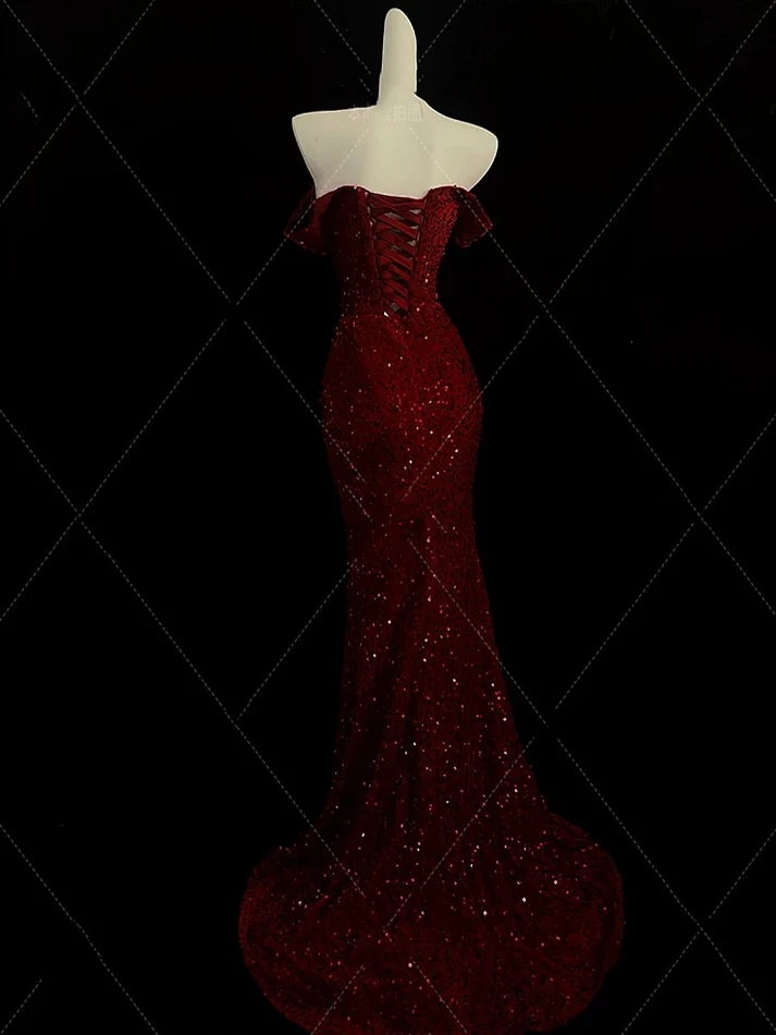 Burgundy Off Shoulder Mermaid Sequin Prom Dress - Elegant Evening Gown for Homecoming, Pageant & Formal Events - Style J6749