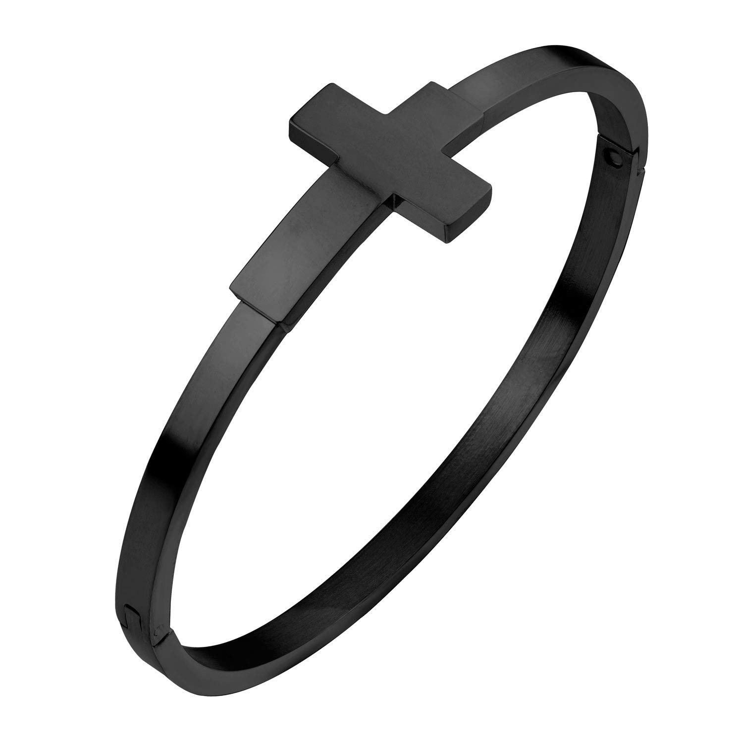 555Jewelry Stainless Steel Sideways Cross Cuff Bangle Bracelet for Women - Hypoallergenic Hinge Lock Design for Sensitive Skin | Perfect for Everyday Wear, Church, Gifts & Special Occasions