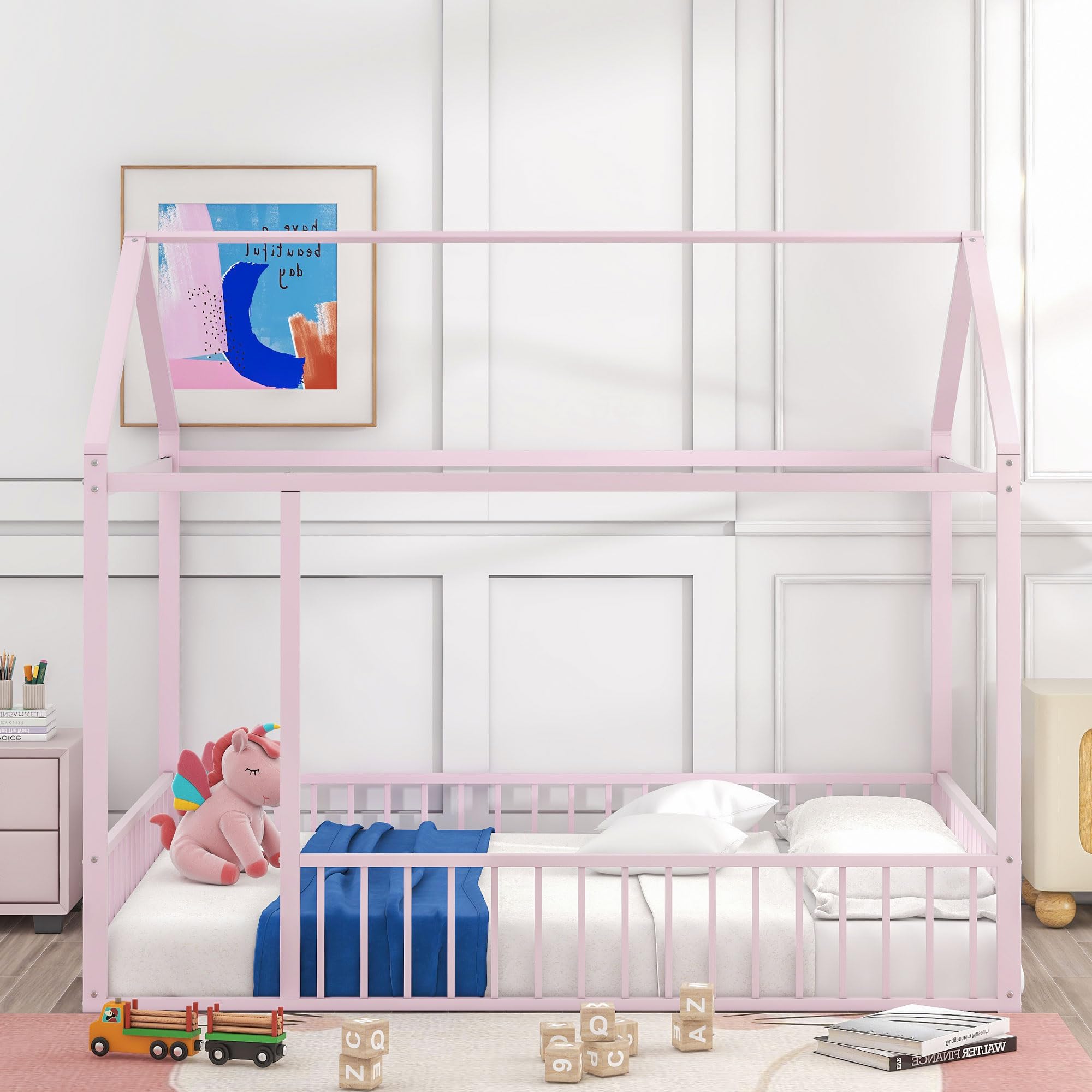 Montessori Full Size Floor Bed for Kids with Safety Rails - Metal Frame Playhouse Bed with Roof for Boys, Girls & Toddlers - Sturdy Post Foot Pads for Teens - Perfect for Bedroom, Playroom & Montessori Learning Spaces