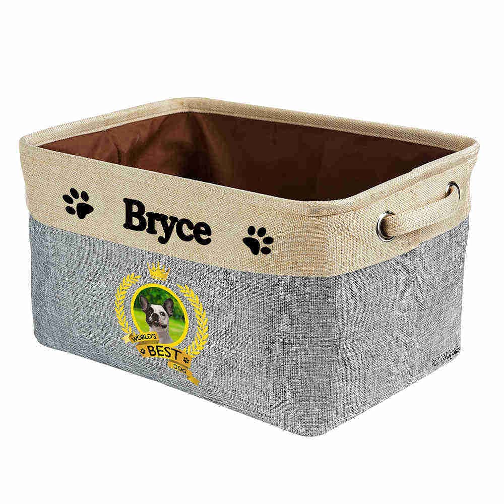 Foldable Pet Toy Storage Basket with Handles - Custom Name Collapsible Organizer for Dog & Cat Toys - Gray Closet Shelf Bin for Bedroom, Home - Perfect for French Bulldogs & Small Pets - Space-Saving Dog Toy Box for Tidy Living Rooms & Pet-Friendly Homes
