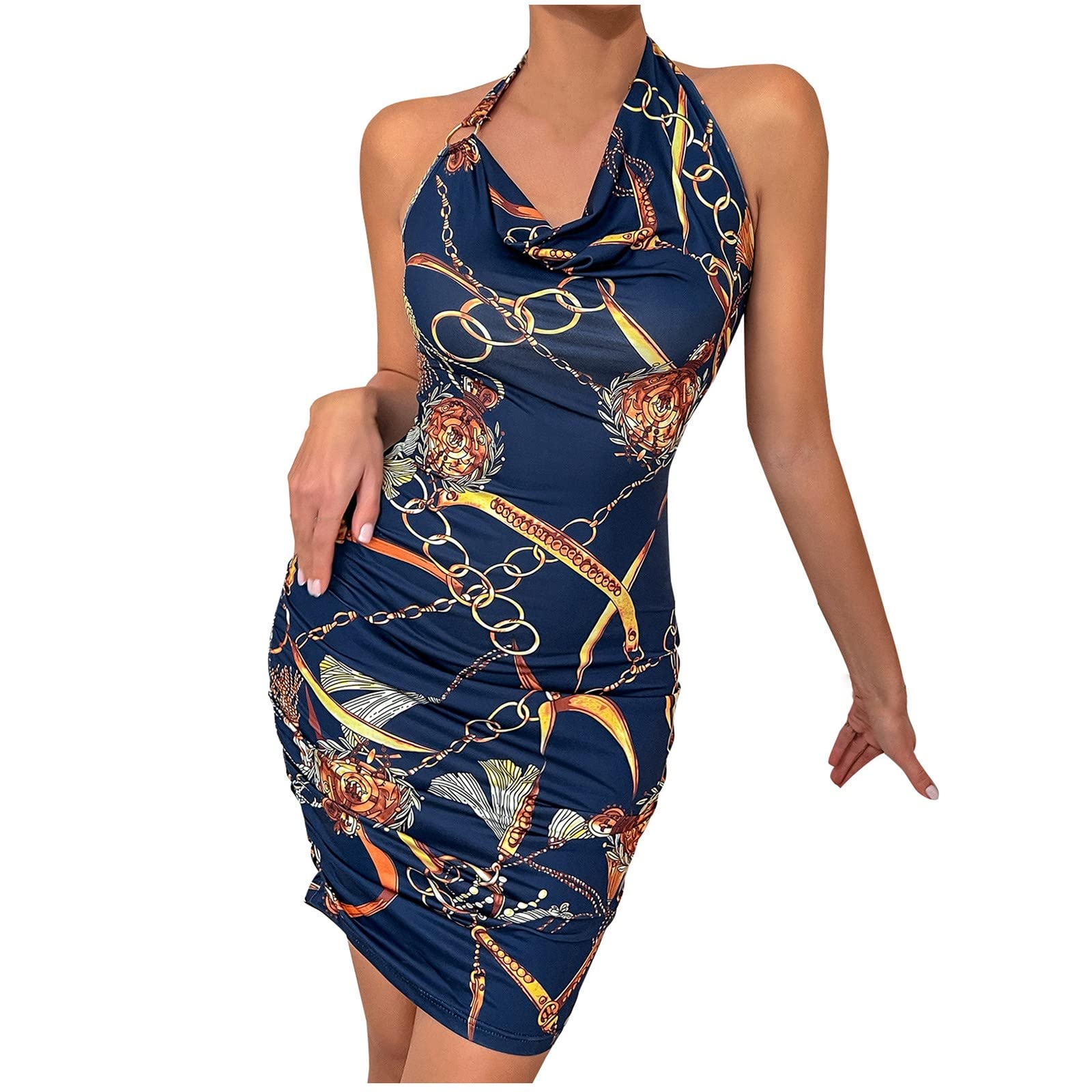 Women's Vintage Halter Neck Bandage Dress - Sleeveless Slim Fit Mini Dress with Metallic Print | Sexy Party Dress for Night Out, Club Wear, Date Night & Special Occasions
