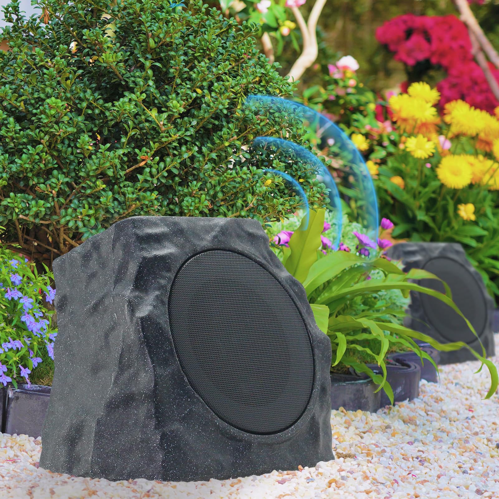 Dolita Rock Speaker - Wireless Bluetooth 5.0 Outdoor Speaker with Solar Charging, 7 RGB LED Lights, IPX6 Waterproof, 20H Playtime - Perfect for Pool Party, Beach, Camping, Garden & Backyard (2 Pack, Black)