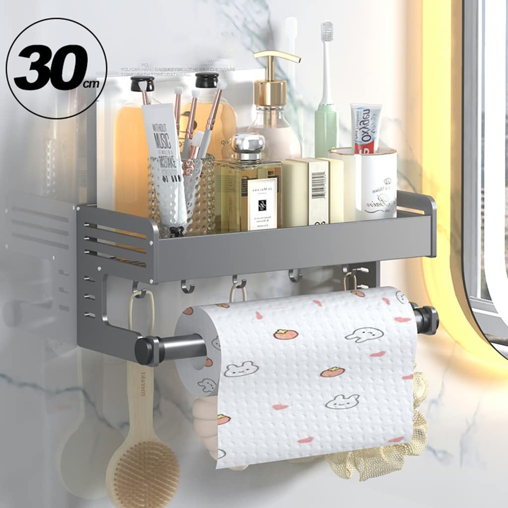 Rustproof Aluminum Alloy Bathroom Shelf Organizer with Hooks & Towel Rack - 30cm Shower Caddy for Toiletries, Cosmetics Storage (Gray) | Perfect for Small Bathrooms, Apartment Showers & Spa-Like Organization
