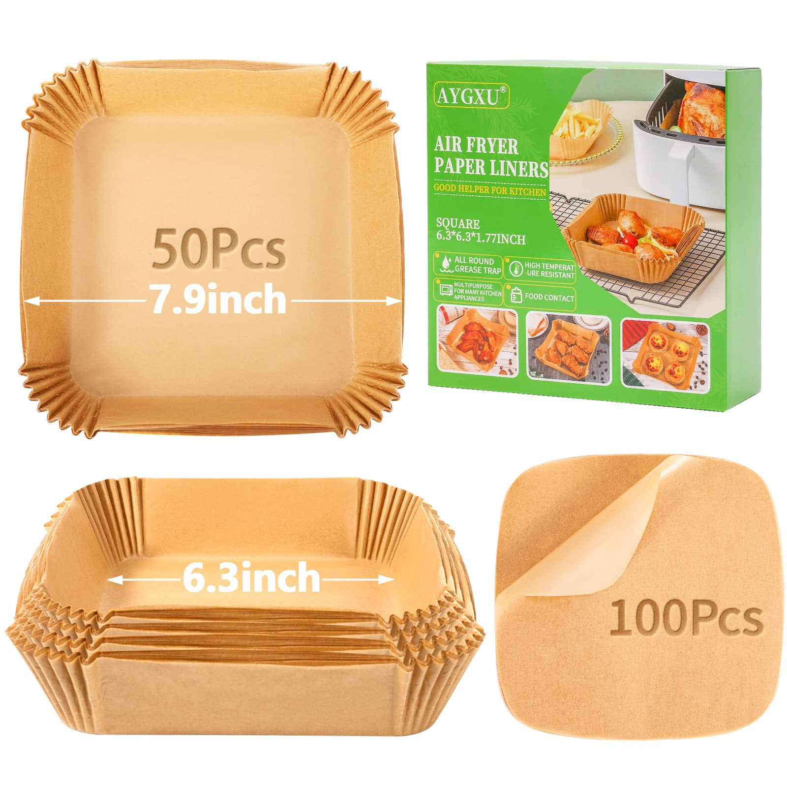 Air Fryer Paper Liners - 100-Pack Disposable Square Parchment Sheets, Non-Stick & Food Safe Baking Paper for Air Fryers - Oil Proof, Waterproof Cooking Liners for Baking, Roasting, and Frying | Perfect for Chicken Wings, French Fries, and Healthy Meal Prep
