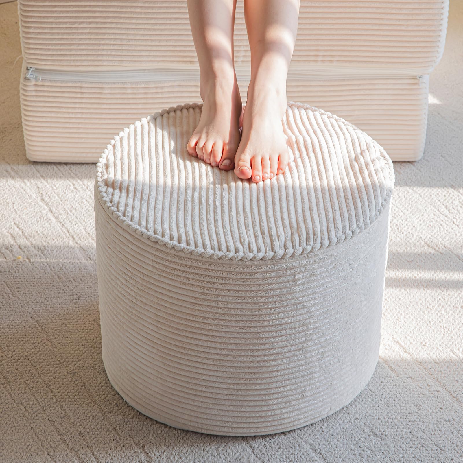 MAXYOYO Round Corduroy Footstool Ottoman - Soft Beige Pouf with High-Density Foam Filling for Living Room, Bedroom & Nursery - Versatile Seating, Footrest & Decorative Accent