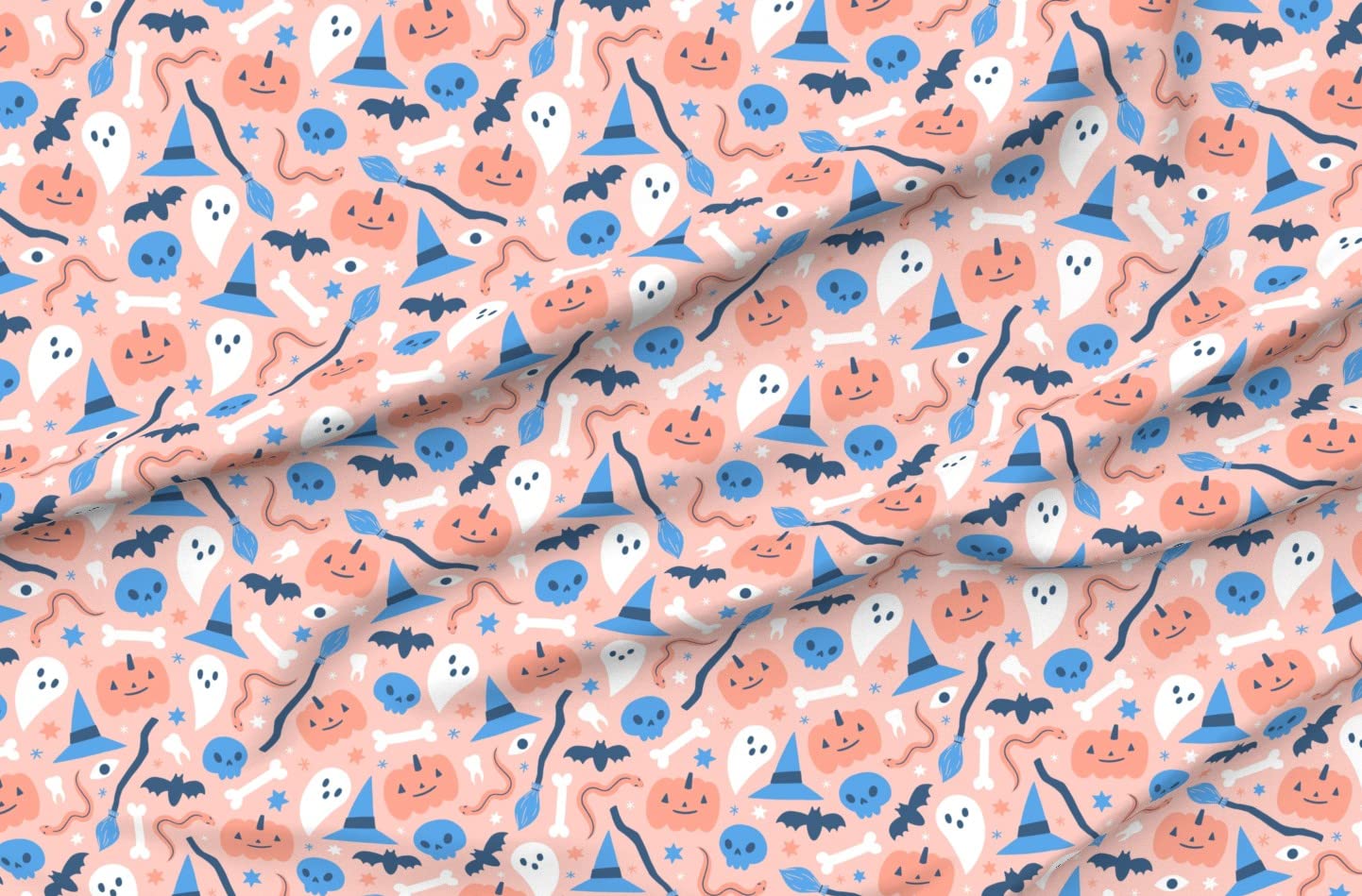Pastel Pumpkins Skulls Witch Pink Skull Bones Halloween Printed Satin Fabric - Fat Quarter for Sewing, Apparel, Fashion, Blankets & Home Decor | Perfect for Halloween Costumes, Quilting & DIY Craft Projects
