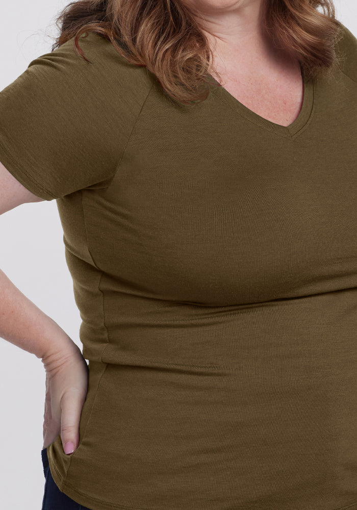 Mia V Neck Olive Leaf Women's T-Shirt - Soft Cotton Casual Tee for Everyday Wear | Perfect for Work, Outings & Relaxing at Home